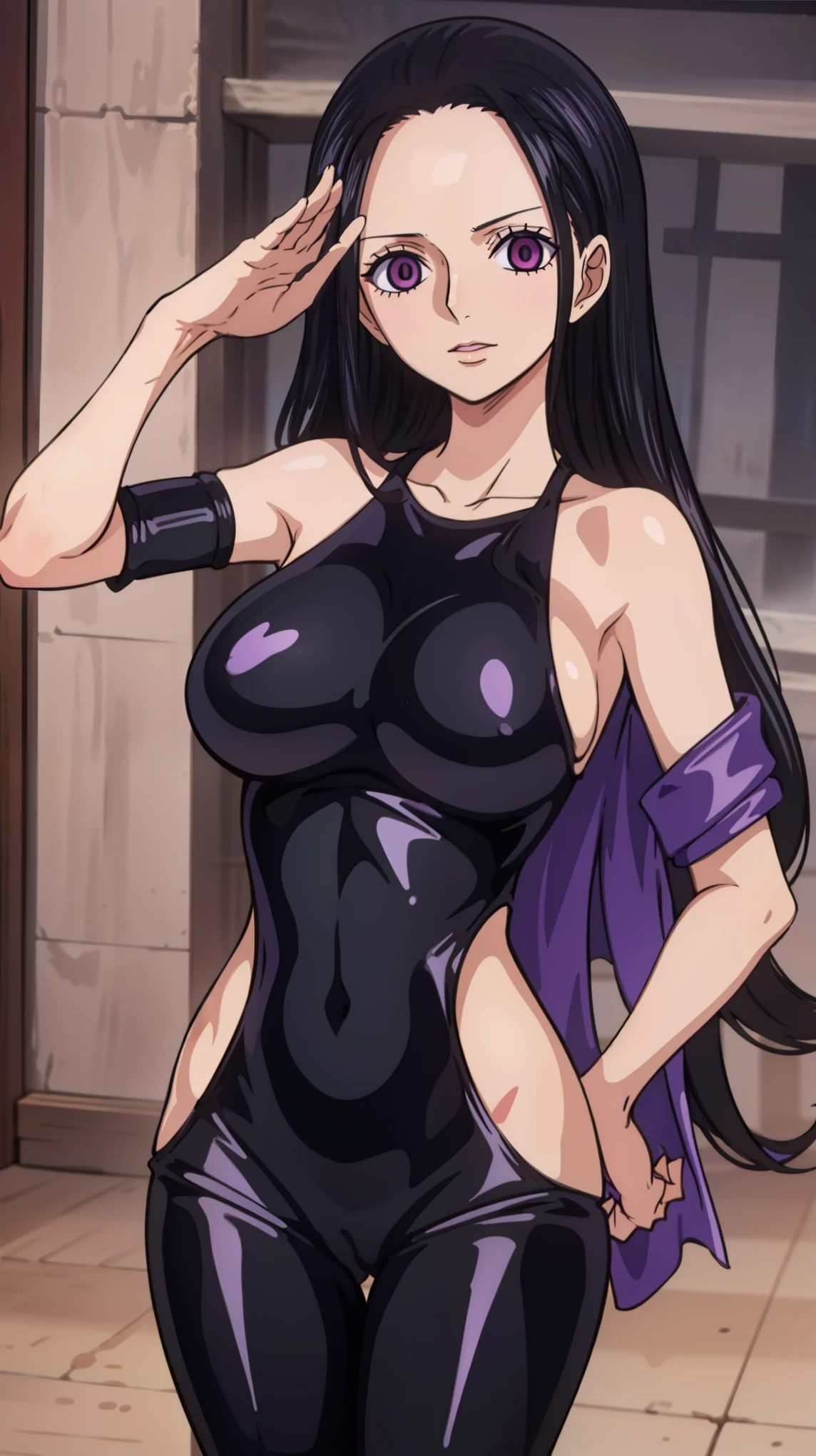 1 girl,NSFW,Nico Robin ,(one piece),clavicle, absurd, brainwashing,empty eyes,((purple glowing eyes 1.5)),  (huge breasts 1.2), No expression, emotions removed,(black latex tight bodysuit),avert your eyes , 全身shape, ((stand up, salute)),(highest quality、4k、8k、High resolution、must have:1.2)、Super detailed、(reality、reality的なです、reality的な:1.37)、ticker、hyper hd、studio lighting、ultra definition paint、sharp focus、Physically based rendering、extreme details、Professional specifications、vibrancy and color、blurry、sports portrait、landscape、horror style、anime big breasts、SF、photograph、concept artist、five fingers, perfect body,  {{{masterpiece}}}, {{{highest quality}}}, {{Super detailed}}, {shape}, {{very delicate and beautiful}},Improved cost performance、all roles、Canon 5D MK4でphotograph、photograph, 