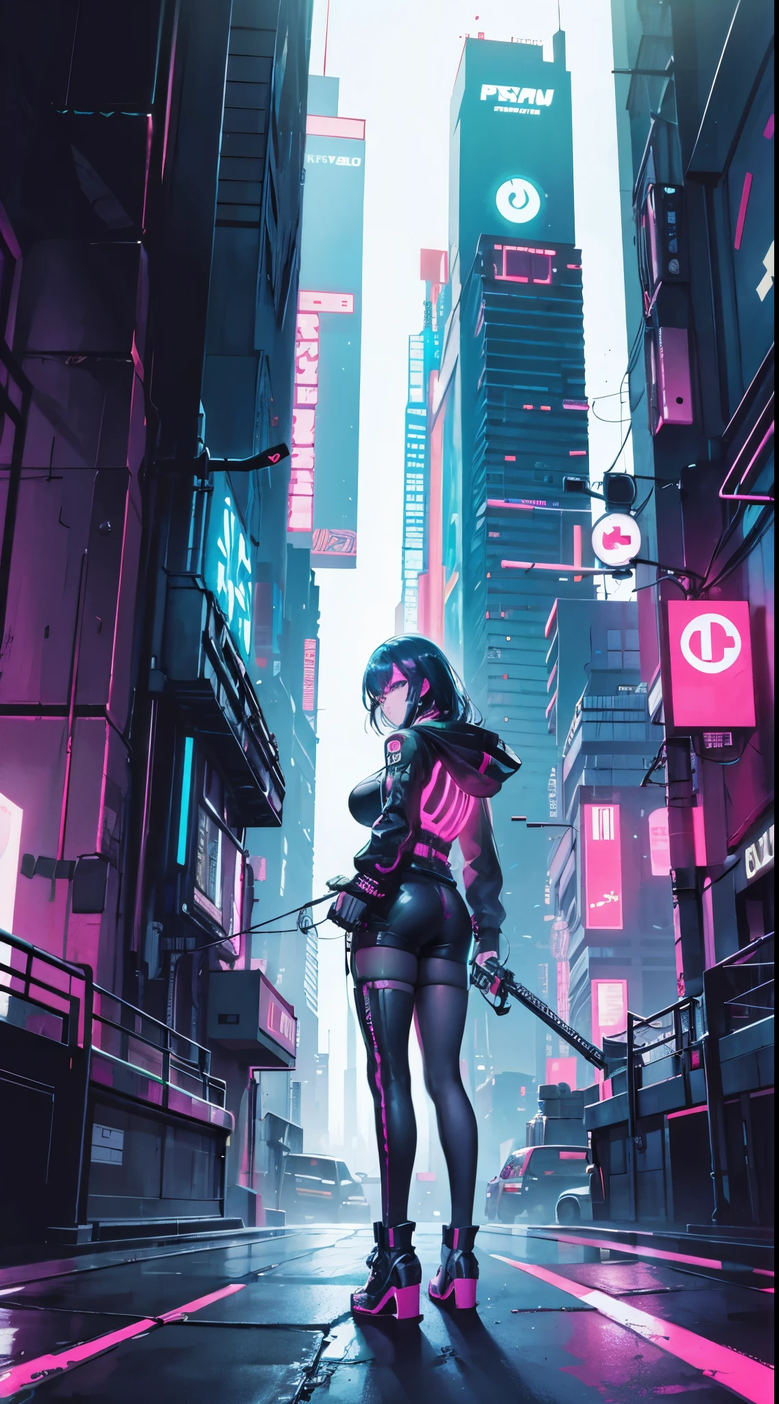 Neon streets of cyberpunk city., Obra maestra, chica cazarrecompensas, pistola, de espaldas, looking back,