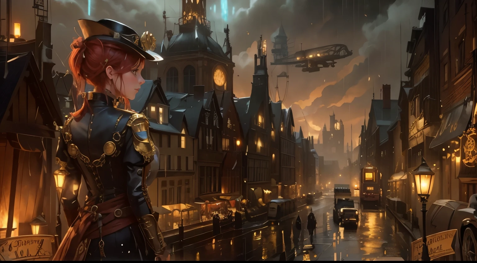 London street in the late 1800s, but with a steampunk twist. Think towering clockwork buildings with smokestacks puffing out steam, gaslight lamps casting an orange glow, and airships gliding silently overhead. Cobblestones slick with rain reflect the gaslight and bustling activity. Character: A beautiful woman with an air of confidence and purpose. Describe her distinct features and steampunk attire. Here are some options: Crimson hair cascading down her shoulders, adorned with gears and a miniature brass monocle perched on one eye. Dressed in a long, flowing coat of worn leather, accented with polished brass buckles and intricate clockwork patterns woven into the fabric. Goggles rest on her forehead, and sturdy riding boots with built-in steam pistons propel her bicycle