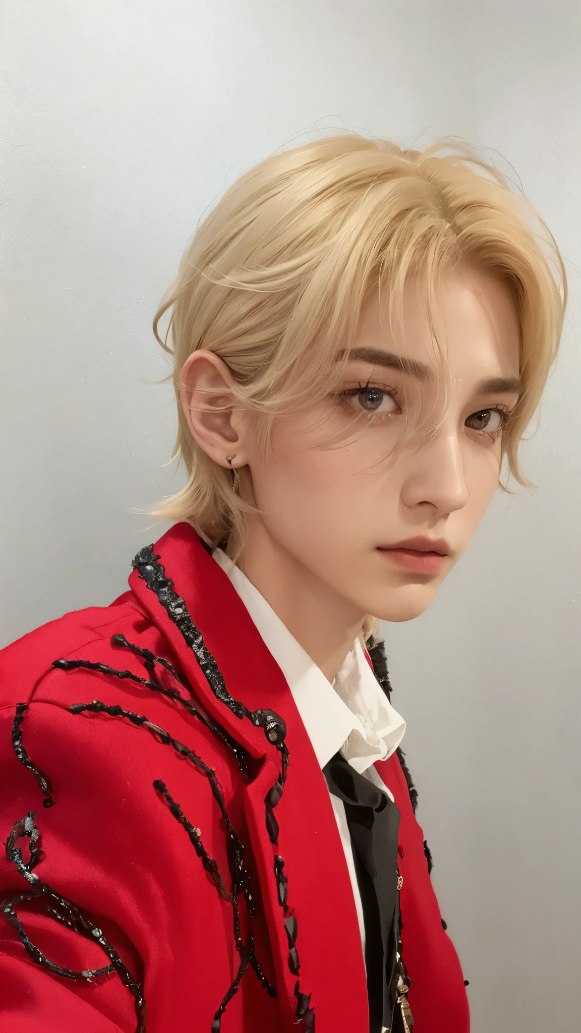 hombre de pelo rubio con delineadores negros y una chaqueta roja, beautiful androgynous prince, xqc, delicate androgynous prince, Kang Yeosang, buena calidad, Kang Yeosang, idol