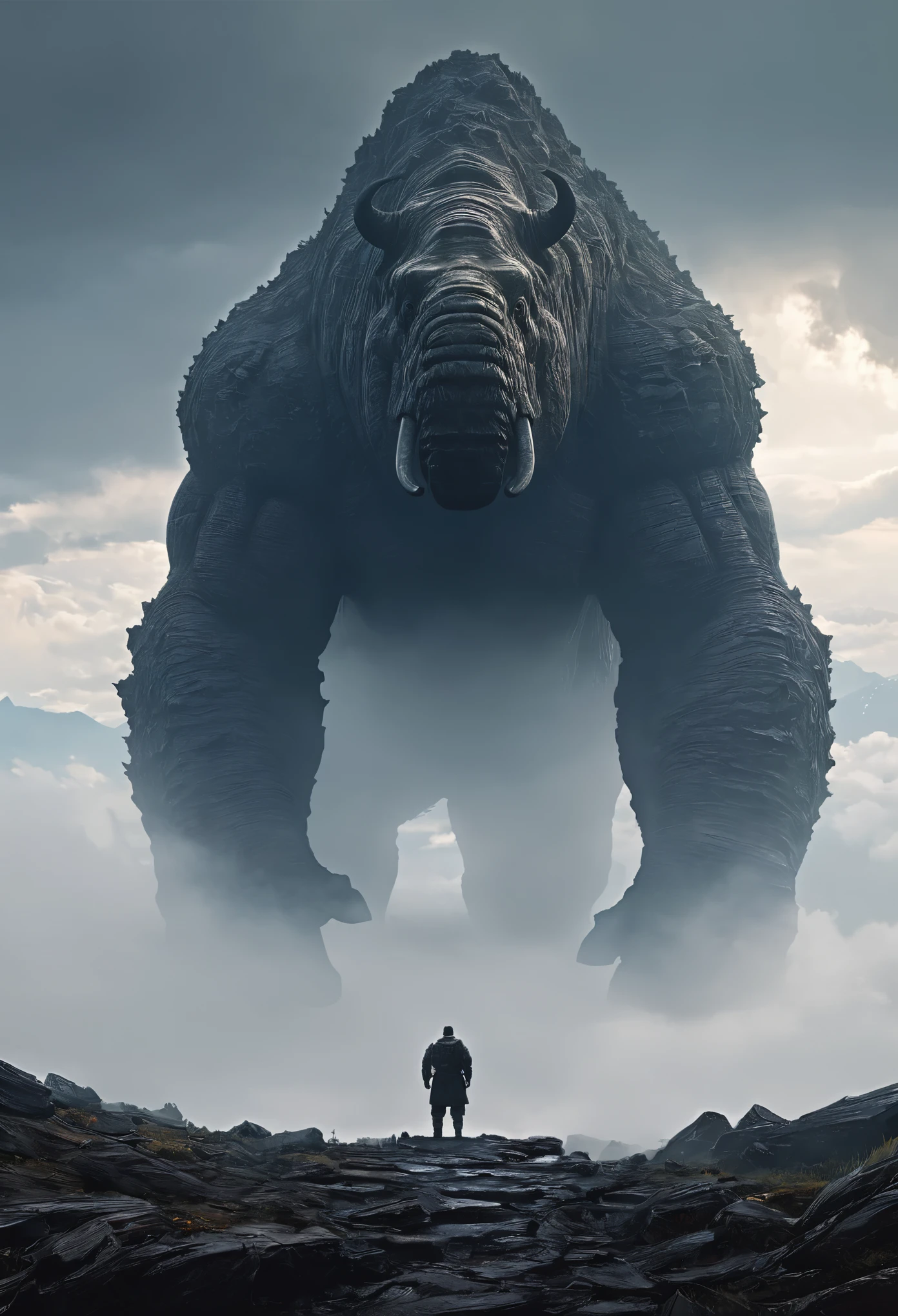 (best quality, masterpiece:1.2), a giant behemoth looming in the horizon, beyond the mountains, misty, foggy, clouds, massive, impending doom, ominous, elaborate details, perfect illustration
