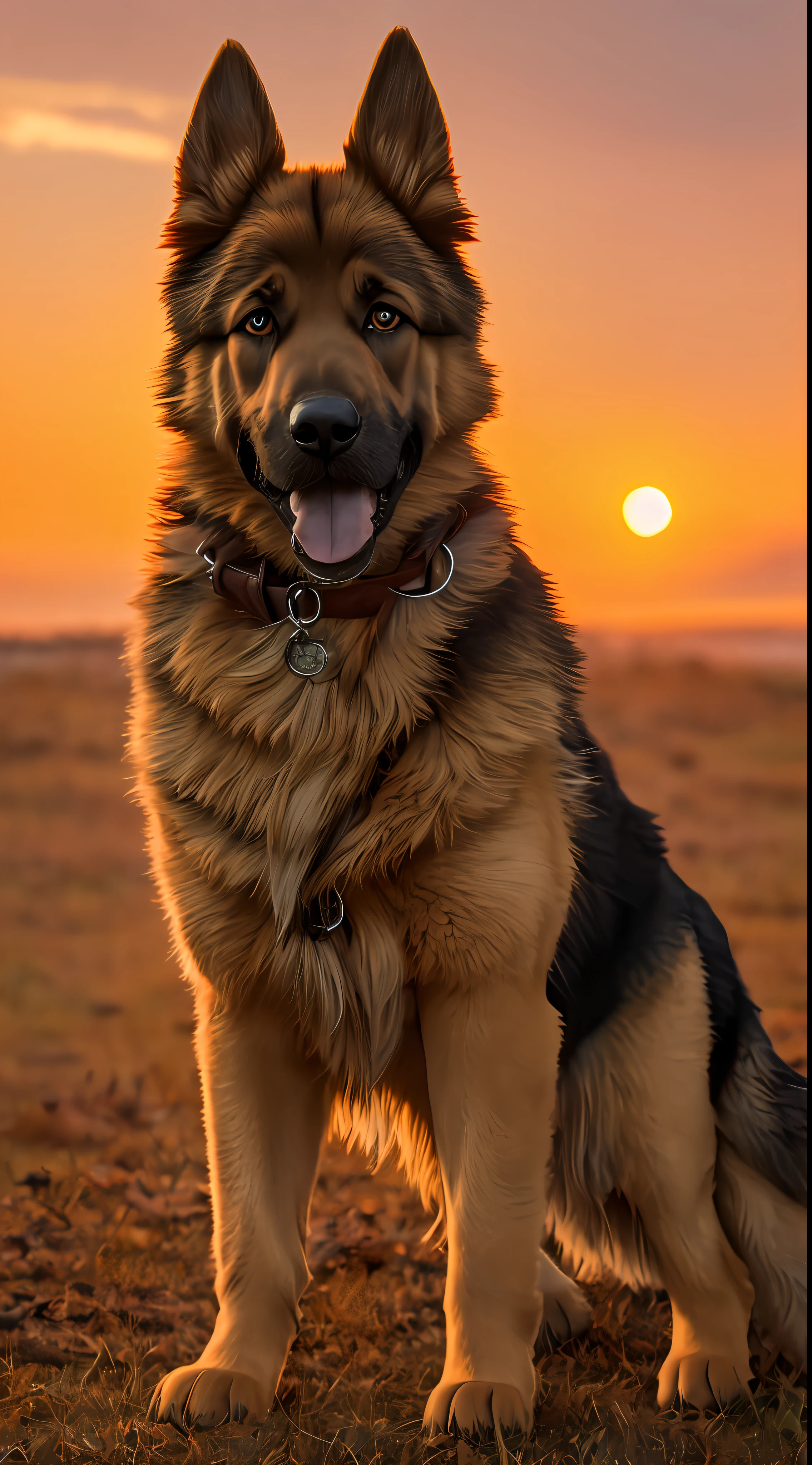 A 3D rendering of a textured photograph of an adorable German shepherd , dourado durante o outono ao nascer do sol, lua cheia, sem espelho, primo, polarizante, hdr.