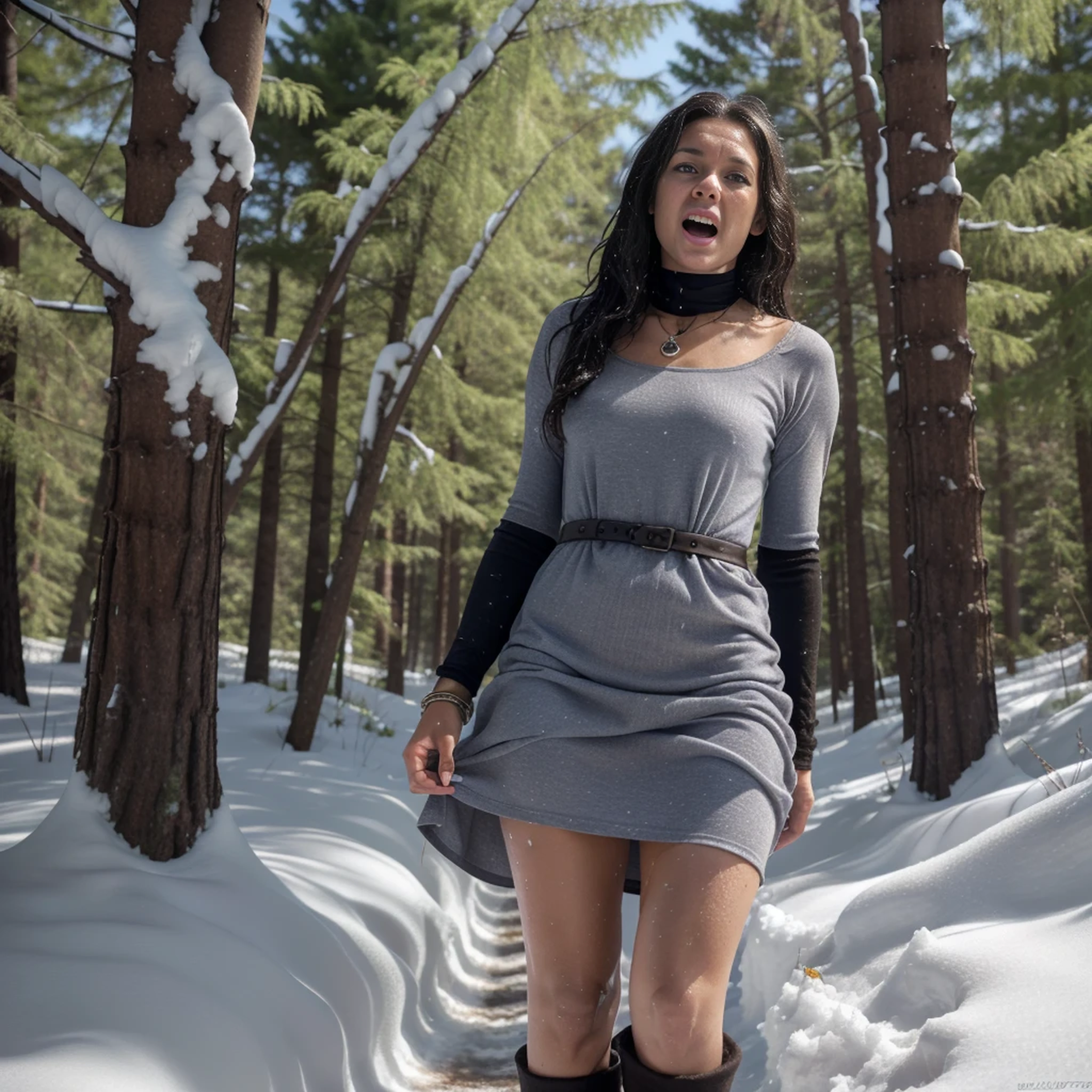 photorealistic Masterpiece, Best Quality photo, paparazzi shot of a solo Russian old woman 65 years old standing in a forest through snowdrifts, bare footed, perfect face, clear suffering face, Medium-length hair without styling, Snow on wet hair, torn, Dirty, Bloodstained Short Long Sleeve Dress, Bracelet on the left wrist, necklace around the neck, Her skin is covered with goosebumps, posing in a snowy forest barefoot in deep snow (The snow is almost knee-deep). The woman shows us her butts, In the middle of a winter forest, Looking Ahead, Snowy Wild Forest, It's cold, snowing, beautiful face, Freezes, Lips turn blue, Thin body, shapely legs, steam from the mouth, ( steam from the mouth:1.3), stunned, frightened look, Deep Snow, Snowflakes fall, The body turns red, Cold, teardrops, hysterics, dread, The dress is torn, bruises, abrasions and bruises on the legs and face, (YES SFW), low angle view, floor-upskirt, mybeauties
