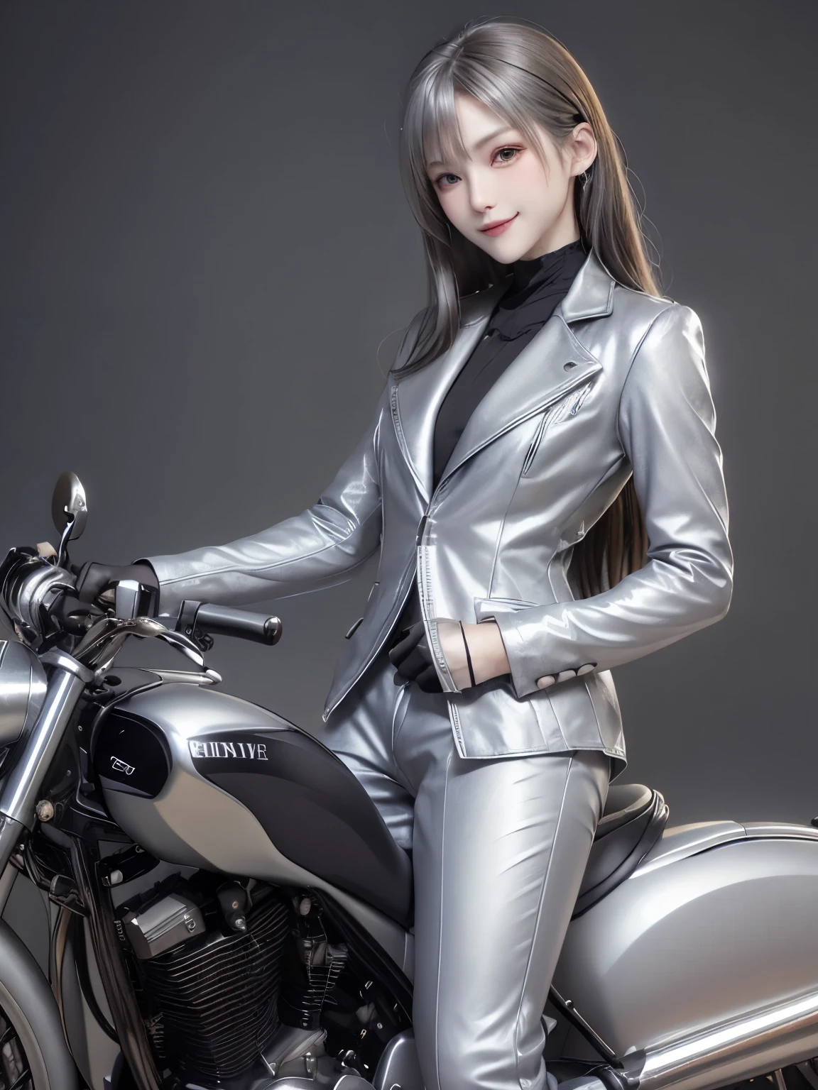 ((highest quality)), ((masterpiece)), (detailed motorcycle), perfect face、Accurate five-fingered hands、double eyelids、small face、realistic skin texture、full body shot、long legs、Beauty、((silver rider suit and pants))、smile、slender body、Moist eyes、((riding a motorcycle))