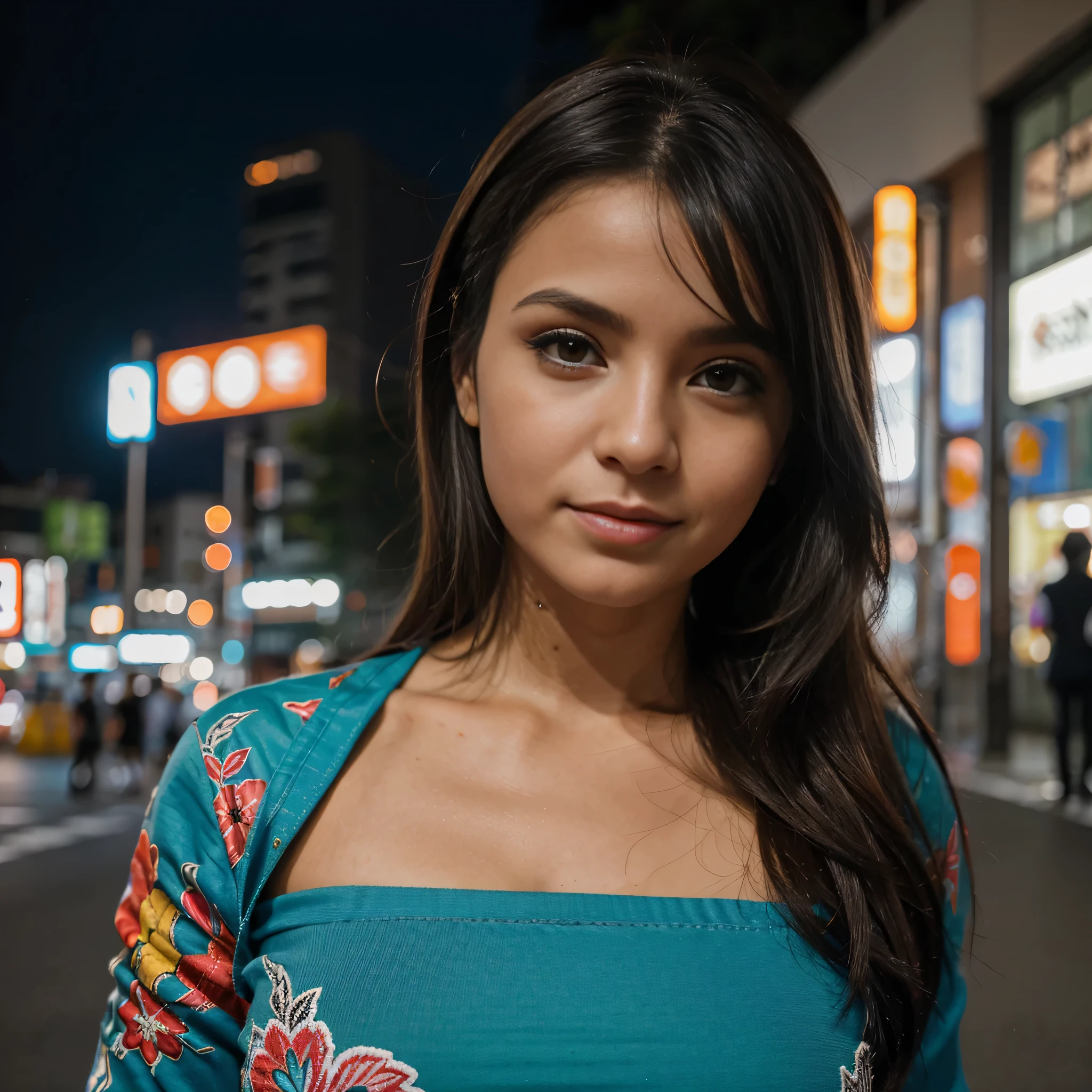 Mulher jovem extremamente bonita, maquiagem sutil, Hora dourada, fotorrealista, alto contraste, 8k HD, detalhado, hyper-detalhado, Textura de pele realista, cabelos longos e escuros, peito grande, melhor qualidade, vestido colorido, Nightlife in Tokyo