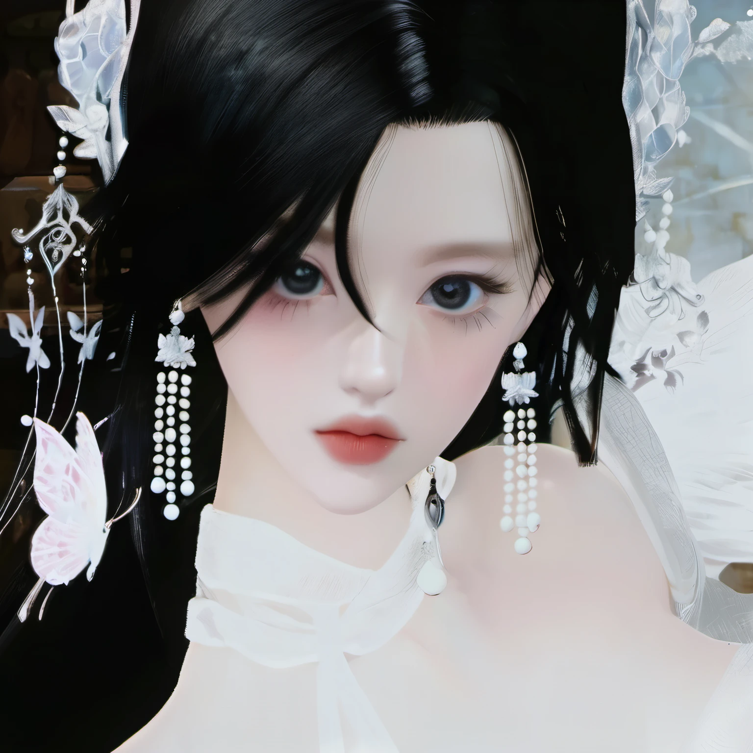 There is a black hair、woman in white dress, Light milky white porcelain skin, porcelain white skin, fair skin, guweiz, guweiz style artwork, [ 4K realism ]!!!, porcelain white face, [ 4K realism ]!!, pale porcelain white skin, Gurwitz Masterpiece