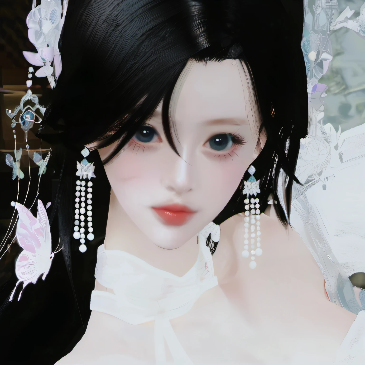 There is a black hair、woman in white dress, Light milky white porcelain skin, porcelain white skin, fair skin, guweiz, guweiz style artwork, [ 4K realism ]!!!, porcelain white face, [ 4K realism ]!!, pale porcelain white skin, Gurwitz Masterpiece