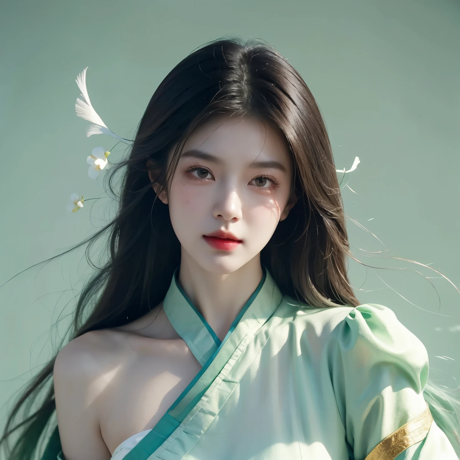 ((perfect face))(masterpiece)painting of a woman in a green dress flying through the air, full body xianxia, artgerm lau, artgerm and ruan jia, by Qu Leilei, style of artgerm, ruan jia and artgerm, g liulian art style, beautiful young wind spirit, artgerm on artstation pixiv