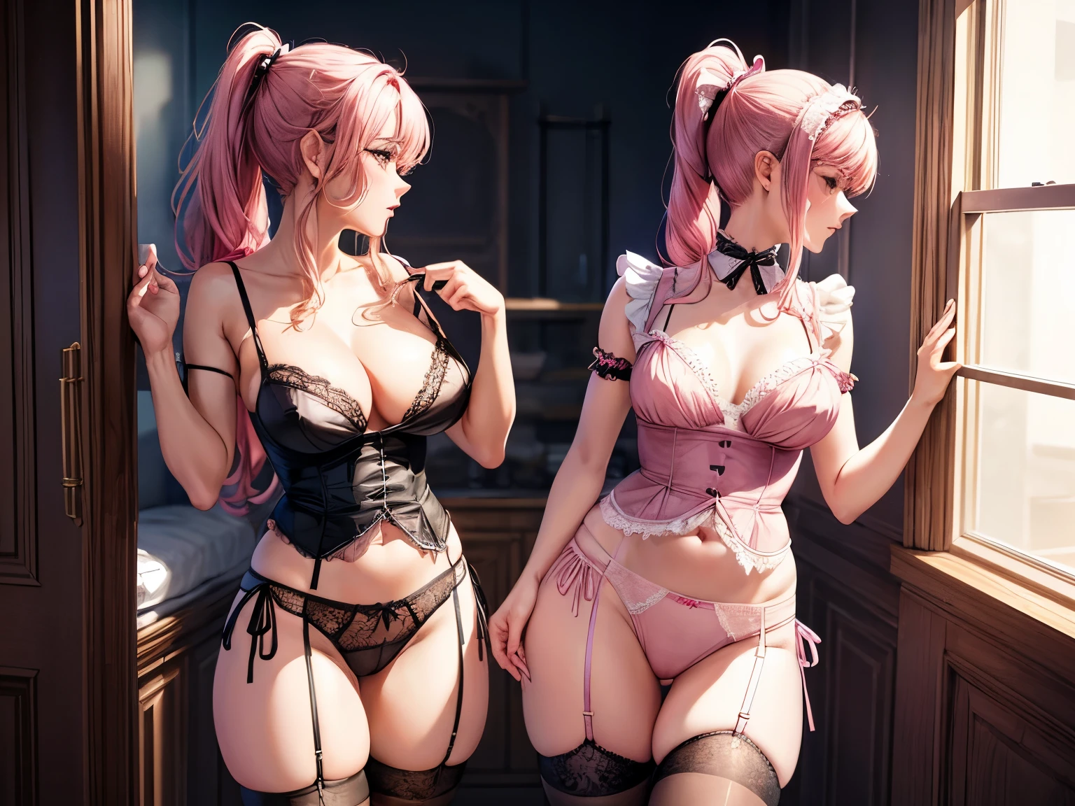 Two women wearing maid clothes are standing, standing showing pink pantieultiple, women group, 2 people, high ponytail, slender body, large breasts,erection of nipple, panties, underwear, skirt, lacy light pink panties, side-tie panties, satin panties, sexy panties, lying, thighhighs, garter belt, skirt lift, show off panties, realistic