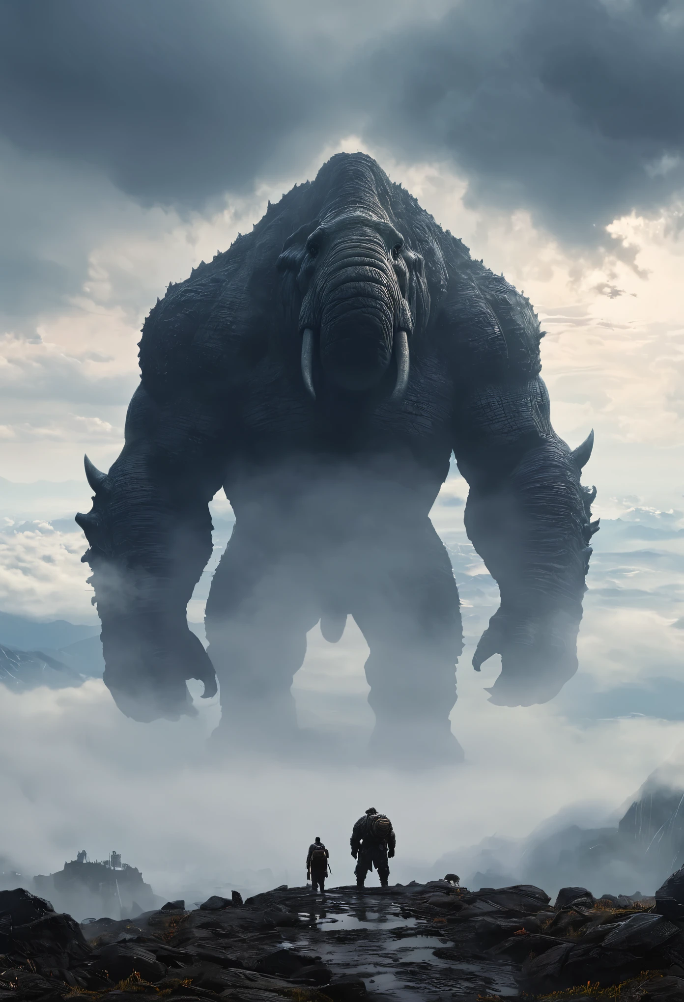 (best quality, masterpiece:1.2), a giant behemoth looming in the horizon, beyond the mountains, misty, foggy, clouds, massive, impending doom, ominous, elaborate details, perfect illustration