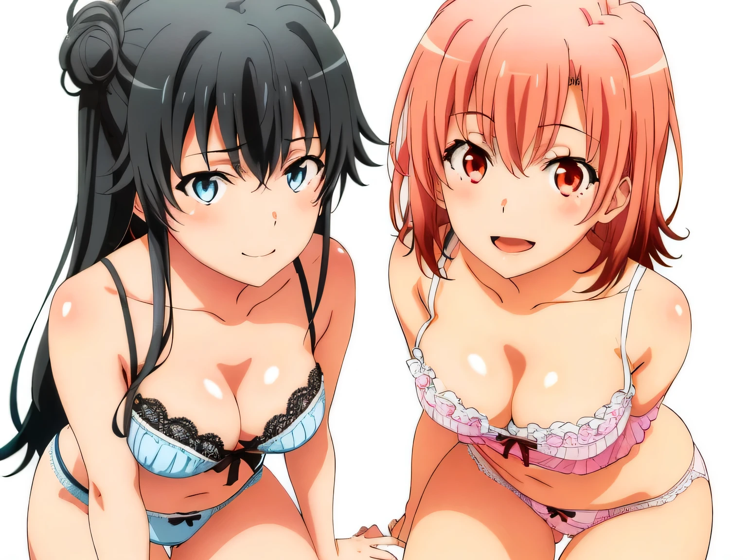 ((2 girls:1.0)), (Yuigahama Yui shapely breasts),(Yukinoshita Yukino),pin up,Light blue ruffled underwear,pink lace underwear,(Beautiful panties),(pussy),thigh nsfw,sit,front,looking at camera,(high angle),smile,open your mouth,Panoramic view of the head,beautiful eyes