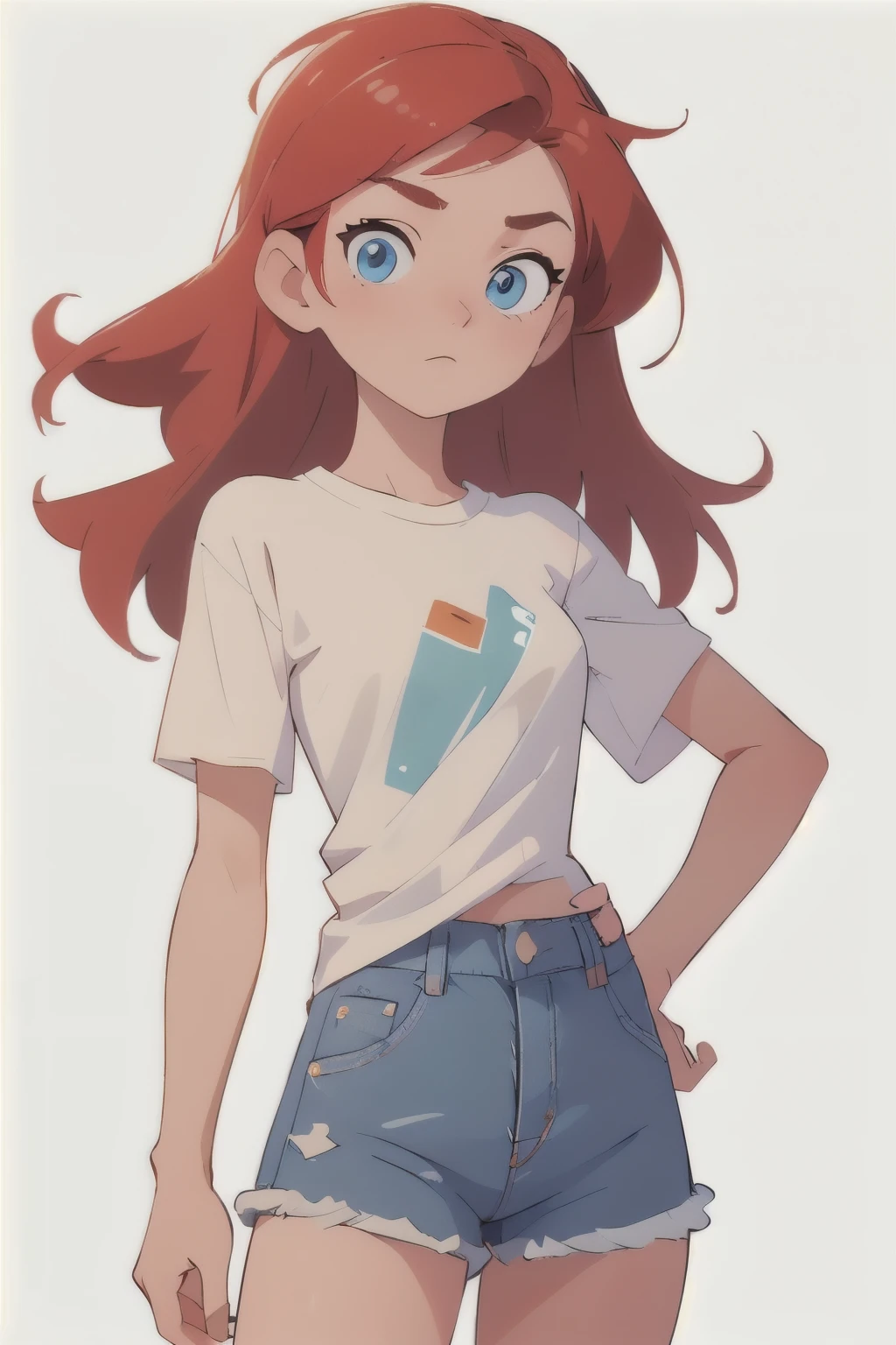 (masterpiece, best quality:1.2),beautiful and asethetic, masterpiece, white background, plain background, best quality, drawing of a chest up of a young woman wearing an tight tshirt and denim shorts, medium red hair and blue eyes, character standing in neutral pose