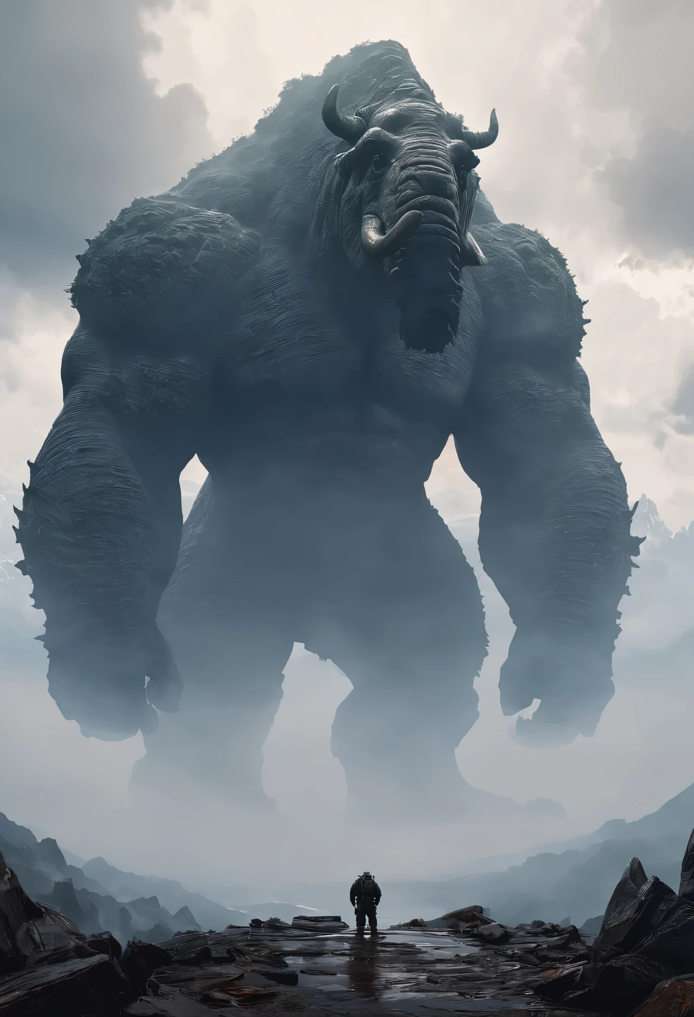 (best quality, masterpiece:1.2), a giant behemoth looming in the horizon, beyond the mountains, misty, foggy, clouds, massive, impending doom, ominous, elaborate details, perfect illustration