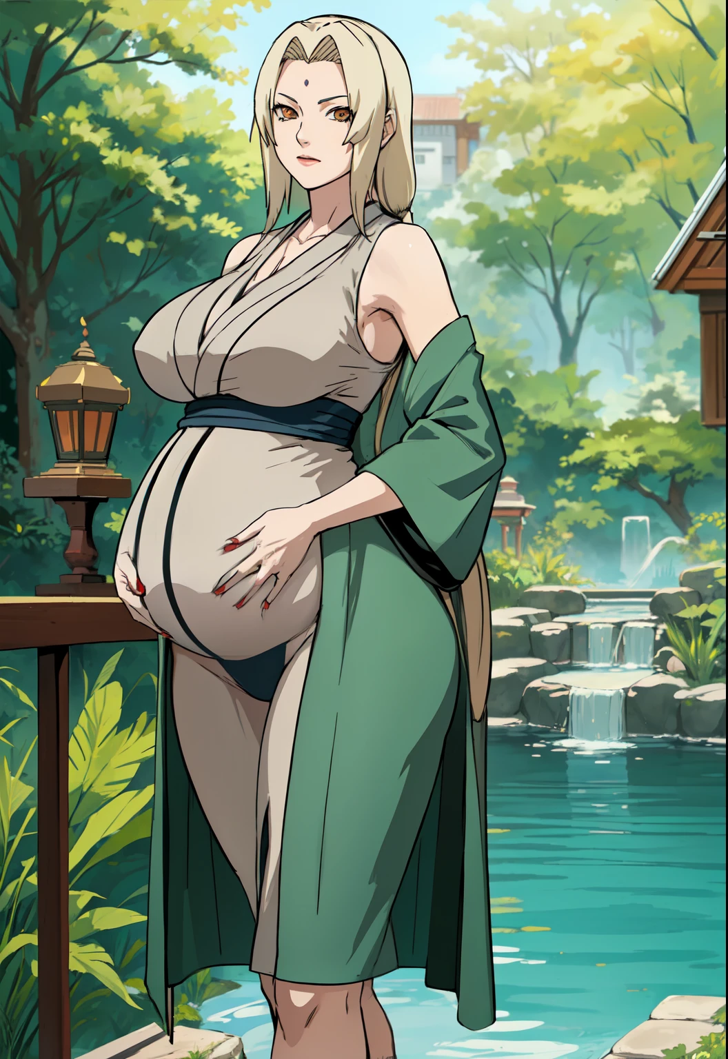Madura tsunade senju,big breasts,slim legs,narrow hips,(pregnant),illustration,extraordinary details,lush green garden,pool of water,birds flying,hint of sunlight,highres,realistic,portraits,warm color tone,soft lighting