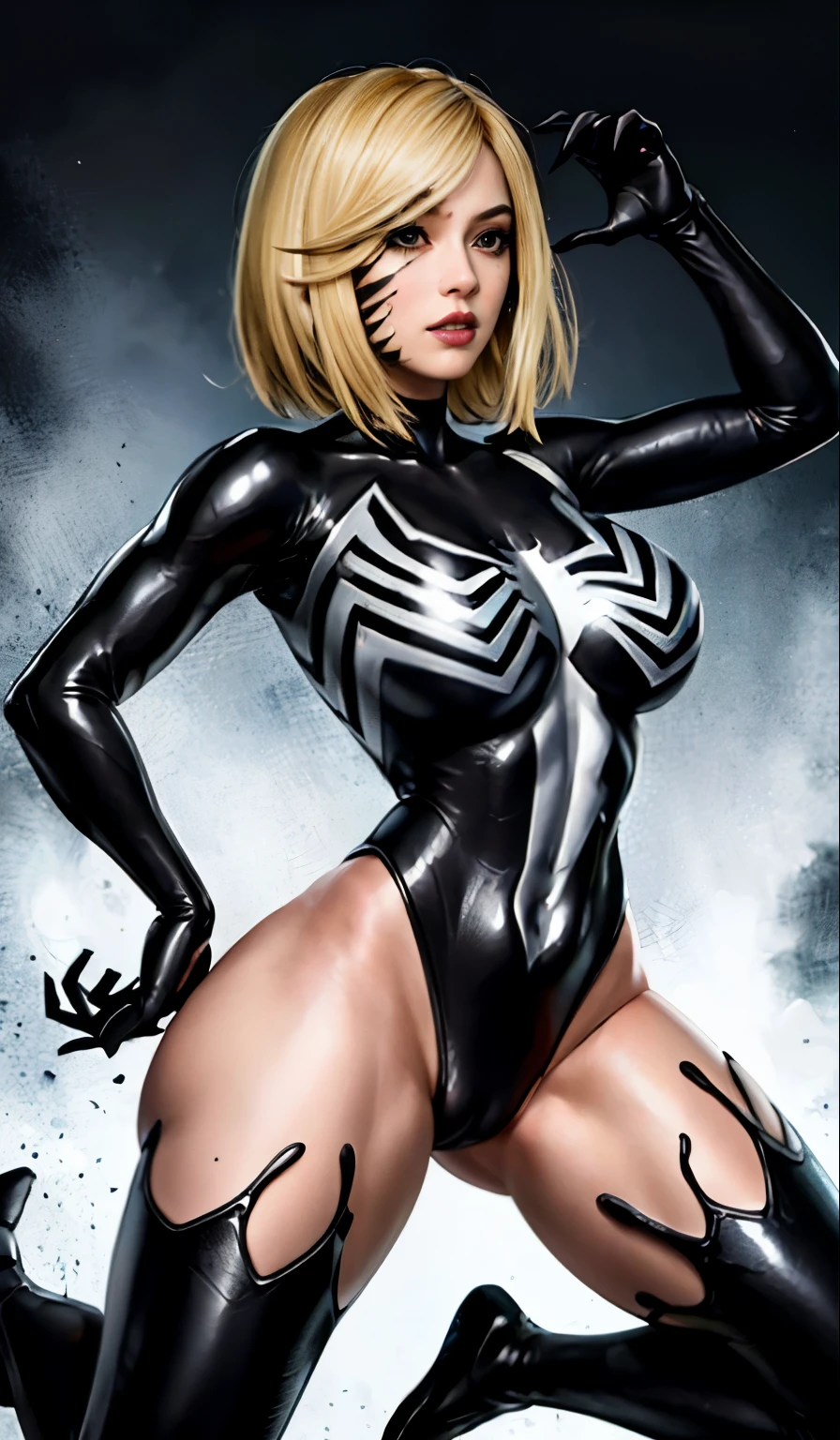 4K，realisticlying，Glamorous，The  very detailed，There  a girl in Dingcheng，Blonde hair，Wearing a black Spider-Man costume，（Black and white：1.4） the night,symbiote，venomize，a large amount of mucus,she  a spiderman，Black superhero theme，In front of the sky，Flushed complexion，( Open legs， camel-toe，， Vulvar shape：1.3）,(GGCameltoe:1.3)Legs apart，25 age old，full bodyesbian