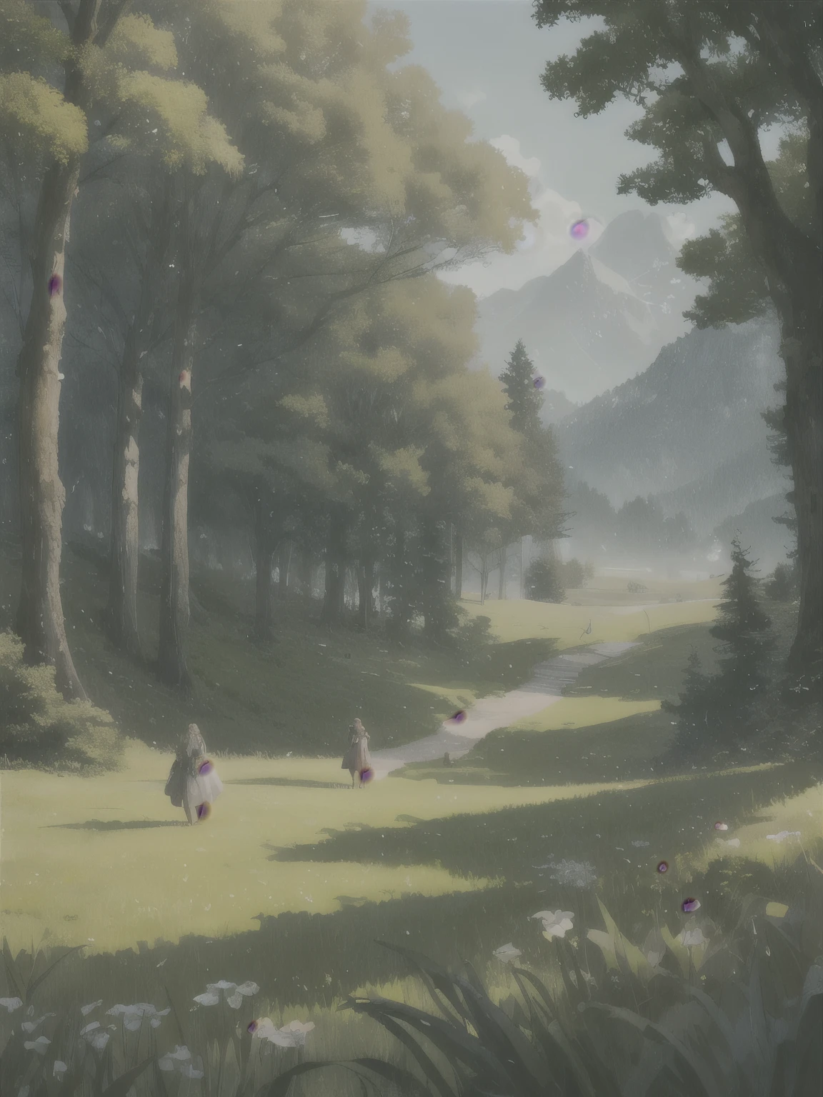 In a green meadow stands a girl leading a group of knights.
BREAK
With a brave expression, she guides them towards their destination.
BREAK
Behind her, a green forest stretches out and beyond that, mountains rise in the distance.
BREAK
The most suitable effect for this scene would be a watercolor painting technique to capture the softness of the meadow and the fluidity of the movement.