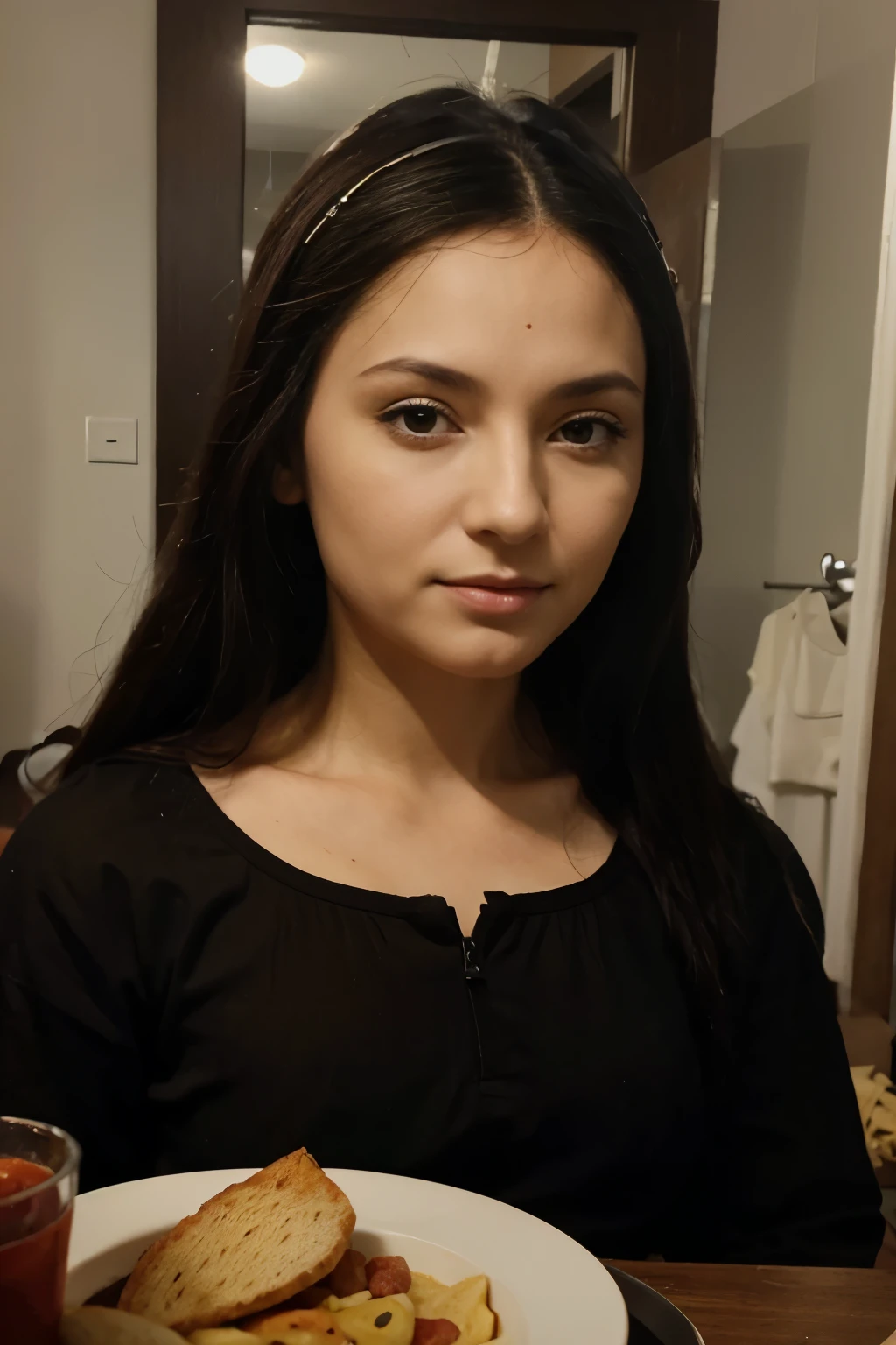 Realistic photo of a Natural looking latin girl with a black t-shirt and long hair