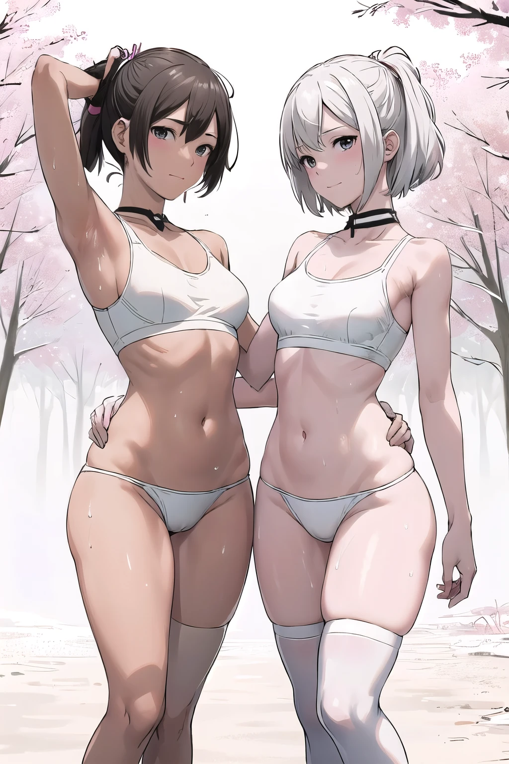 for the audience,Evening light,The park is crowded with people,Two handsome s with arrogant faces,A white-haired man with short hair、Girl wearing white tight thong,stand,standing,stand on the ground,Peerless beauty,perfect face,Perfect body,pink skin under thong, exposed navel,The thighs are very thin,The calves are very thin,Anime girl's legs slightly spread,White sweat on inner thighs,White sweat on the abdomen,Place one hand on your chest,Put one hand around each other's waist,armpit, beautiful anime girl, Anime Barbie wearing white knee-high socks, pretty face,small breasts,Wear a white sports bra,cover upper breast, smooth pink skin,strangulation marks,sweat,wet,(facial)Smile,blush