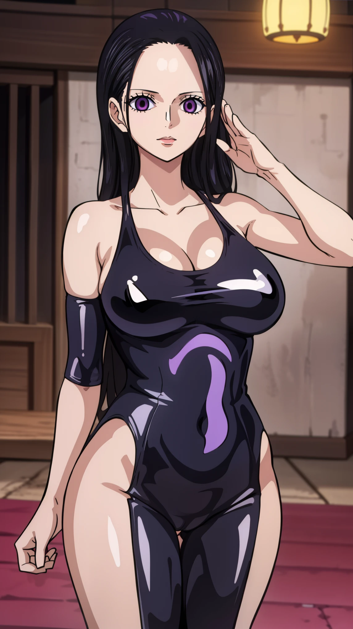 1 girl,NSFW,Nico Robin ,(one piece),clavicle, absurd, brainwashing,empty eyes,((purple glowing eyes 1.5)),  (huge breasts 1.5), No expression, emotions removed,(black latex tight bodysuit),avert your eyes , 全身shape, ((stand up, salute)),(highest quality、4k、8k、High resolution、must have:1.2)、Super detailed、(reality、reality的なです、reality的な:1.37)、ticker、hyper hd、studio lighting、ultra definition paint、sharp focus、Physically based rendering、extreme details、Professional specifications、vibrancy and color、blurry、sports portrait、landscape、horror style、anime big breasts、SF、photograph、concept artist、five fingers, perfect body,  {{{masterpiece}}}, {{{highest quality}}}, {{Super detailed}}, {shape}, {{very delicate and beautiful}},Improved cost performance、all roles、Canon 5D MK4でphotograph、photograph, 