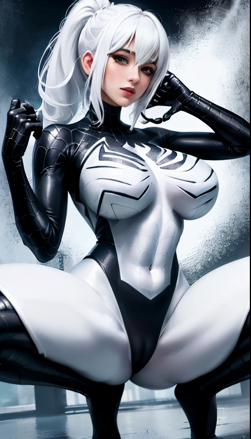 4K，realistically，charming，very detailed，There is a girl in Dingcheng，white hair，Wearing black Spider-Man costume，（black and white：1.4） night,symbiont，poison，lots of mucus,She is a hero，Black superhero theme，in front of the sky，complexion，( spread legs， camel toe，， vulva shape：1.3）,(GGcamel toe:1.3)，25 years old，Full body female love