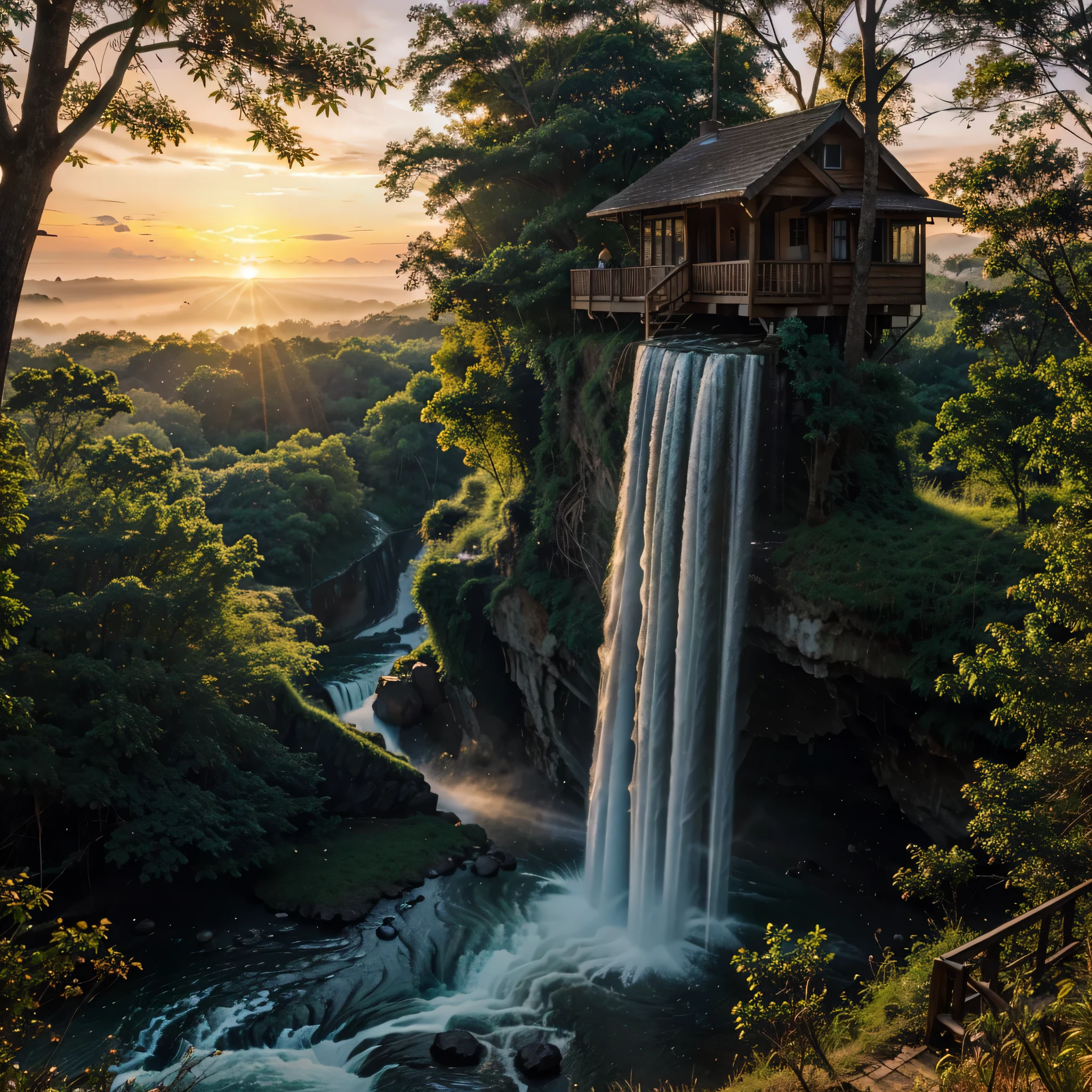 a real photograph of a beautiful sunrise at the edge of a waterfall, Tree House