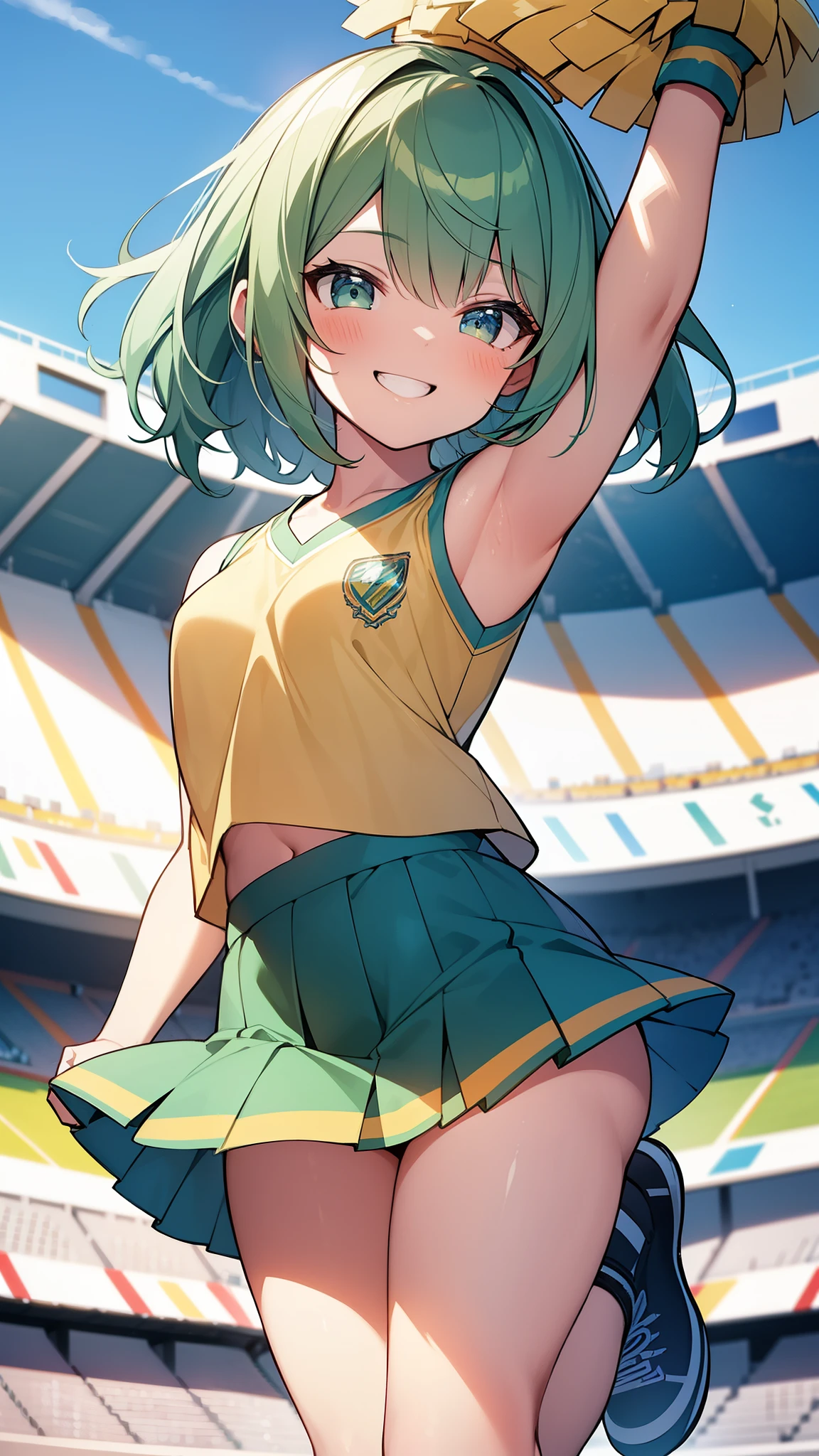 32k, 16k, 8k, best quality, ultra-detailed, high resolution, perfect anatomy, head on, stadium background, cheerleader, high quality eyes, cute girl, peek from below, happy smile, ligth green hair, acrobatic pose,