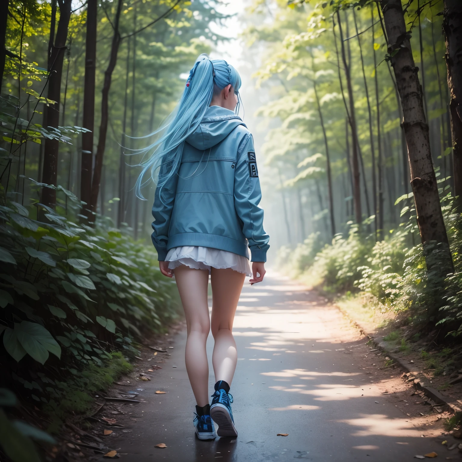 one girl russia light blue hair walk on nature, search love, punk style, ultra realistic