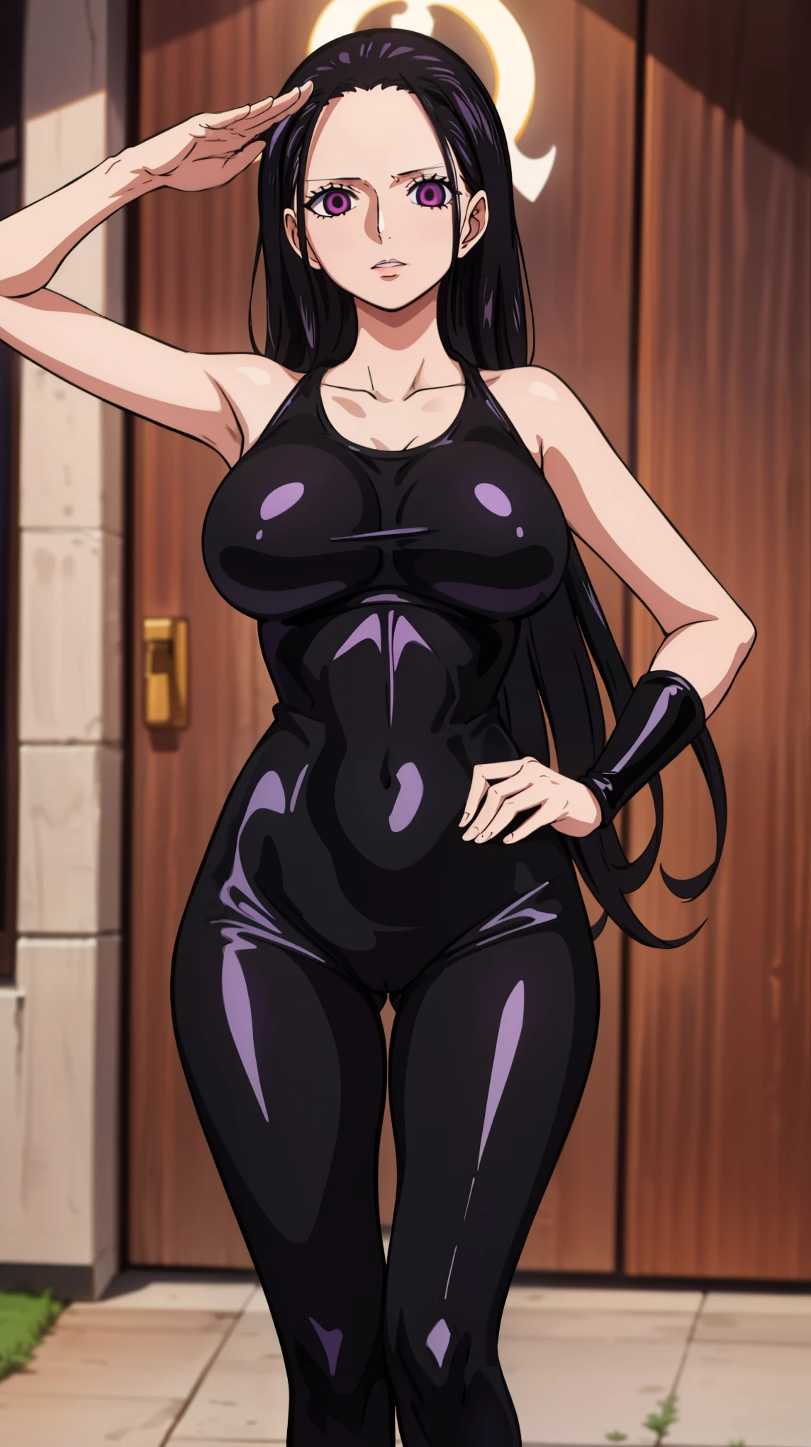 1 girl,NSFW,Nico Robin ,(one piece),clavicle, absurd, brainwashing,empty eyes,((purple glowing eyes 1.5)),  (huge breasts 1.8), No expression, emotions removed,(black latex tight bodysuit),avert your eyes , 全身shape, ((stand up, salute)),(highest quality、4k、8k、High resolution、must have:1.2)、Super detailed、(reality、reality的なです、reality的な:1.37)、ticker、hyper hd、studio lighting、ultra definition paint、sharp focus、Physically based rendering、extreme details、Professional specifications、vibrancy and color、blurry、sports portrait、landscape、horror style、anime big breasts、SF、photograph、concept artist、five fingers, perfect body,  {{{masterpiece}}}, {{{highest quality}}}, {{Super detailed}}, {shape}, {{very delicate and beautiful}},Improved cost performance、all roles、Canon 5D MK4でphotograph、photograph, 