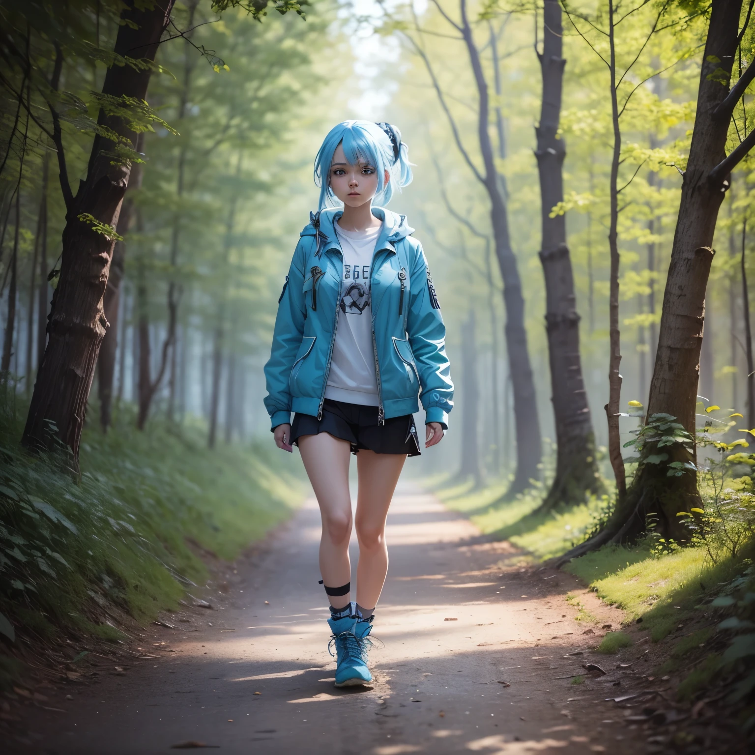 one girl russia light blue hair walk on nature, punk style, ultra realistic