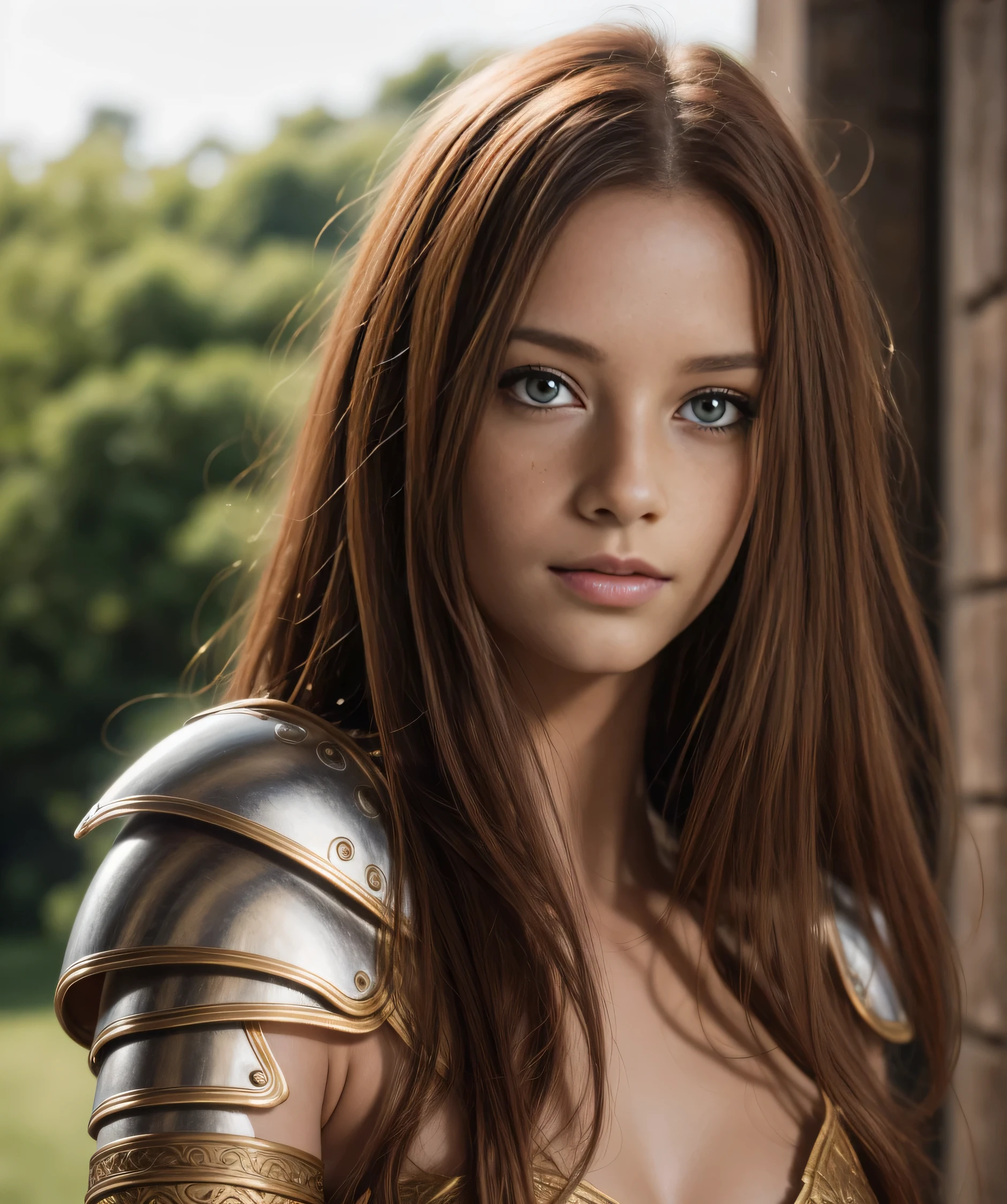 Masterpiece, a beautiful female elf knight (Piper Fawn) bright eyes, Brown hair, broad shoulders, strong body, high detail pale skin with light freckles, high detail filigree elf armor, outside, (skin texture:1.1), best quality, ultra high res, Raw photo, Nikon D850, backlight, rimlight, bright sunlight, film grain:1.2, (warm hue, warm tone:1.2), (color photo), fantasy landscape background, 