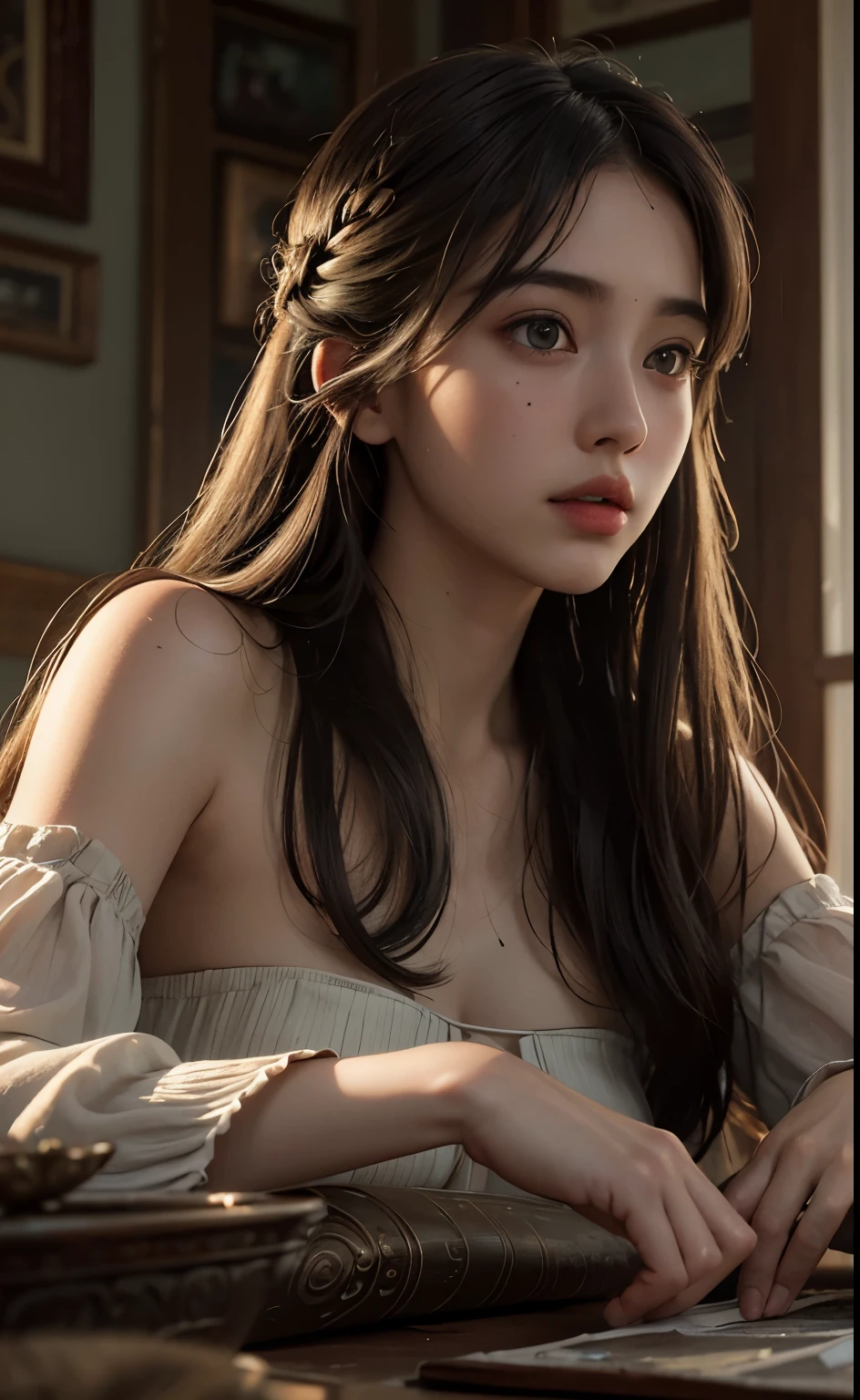 (RAW photo, best quality), (realistic, photo-realistic:1.3),best quality,highly detailed,masterpiece,ultra-detailed,illustration,1girl,upper_body,dynamic angle,world masterpiece theater,messy_long_hair,best quality,extremely detailed CG unity 8k wallpaper,ink,Amazing,cinematic lighting,lens_flare,,dunhuang_style