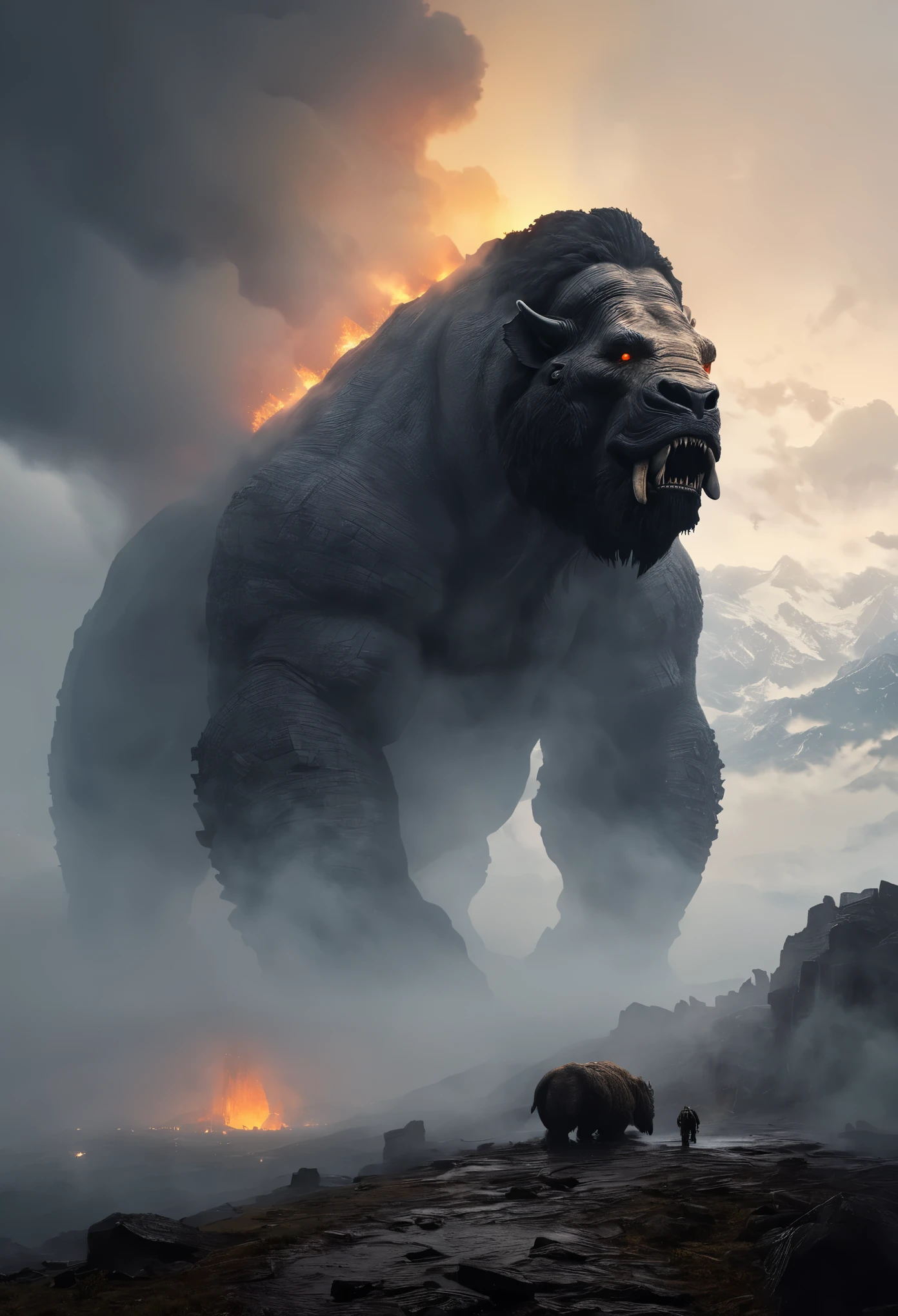 (best quality, masterpiece:1.2), a giant behemoth looming in the horizon, beyond the mountains, misty, foggy, clouds, massive, impending doom, ominous, elaborate details, perfect illustration