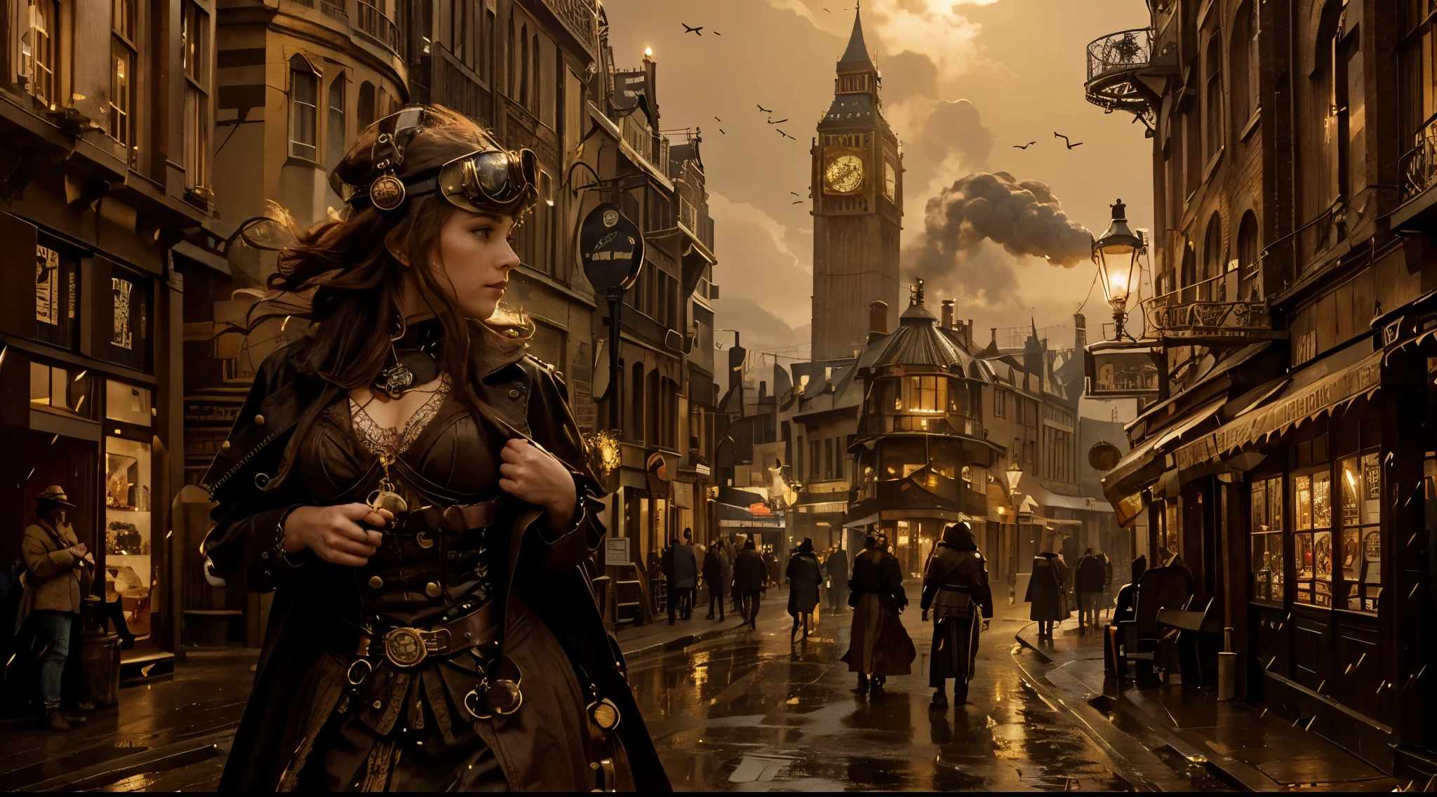 London street in the late 1800s, but with a steampunk twist. Think towering clockwork buildings with smokestacks puffing out steam, gaslight lamps casting an orange glow, and airships gliding silently overhead. Cobblestones slick with rain reflect the gaslight and bustling activity. Character: A beautiful woman with an air of confidence and purpose. Describe her distinct features and steampunk attire. Here are some options: Crimson hair cascading down her shoulders, adorned with gears and a miniature brass monocle perched on one eye. Dressed in a long, flowing coat of worn leather, accented with polished brass buckles and intricate clockwork patterns woven into the fabric. Goggles rest on her forehead, and sturdy riding boots with built-in steam pistons propel her bicycle