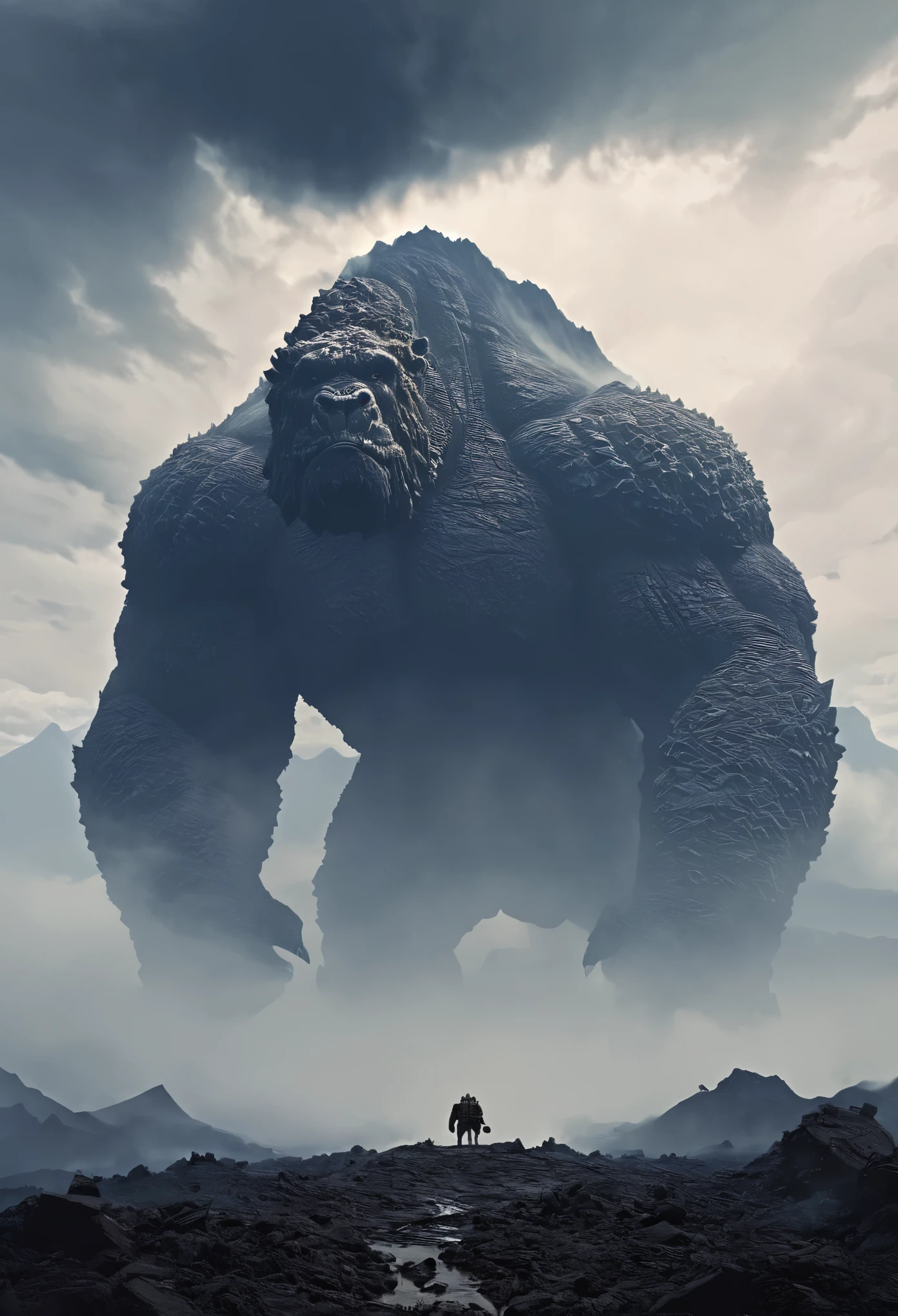 (best quality, masterpiece:1.2), a giant behemoth looming in the horizon, beyond the mountains, misty, foggy, clouds, massive, impending doom, ominous, elaborate details, perfect illustration