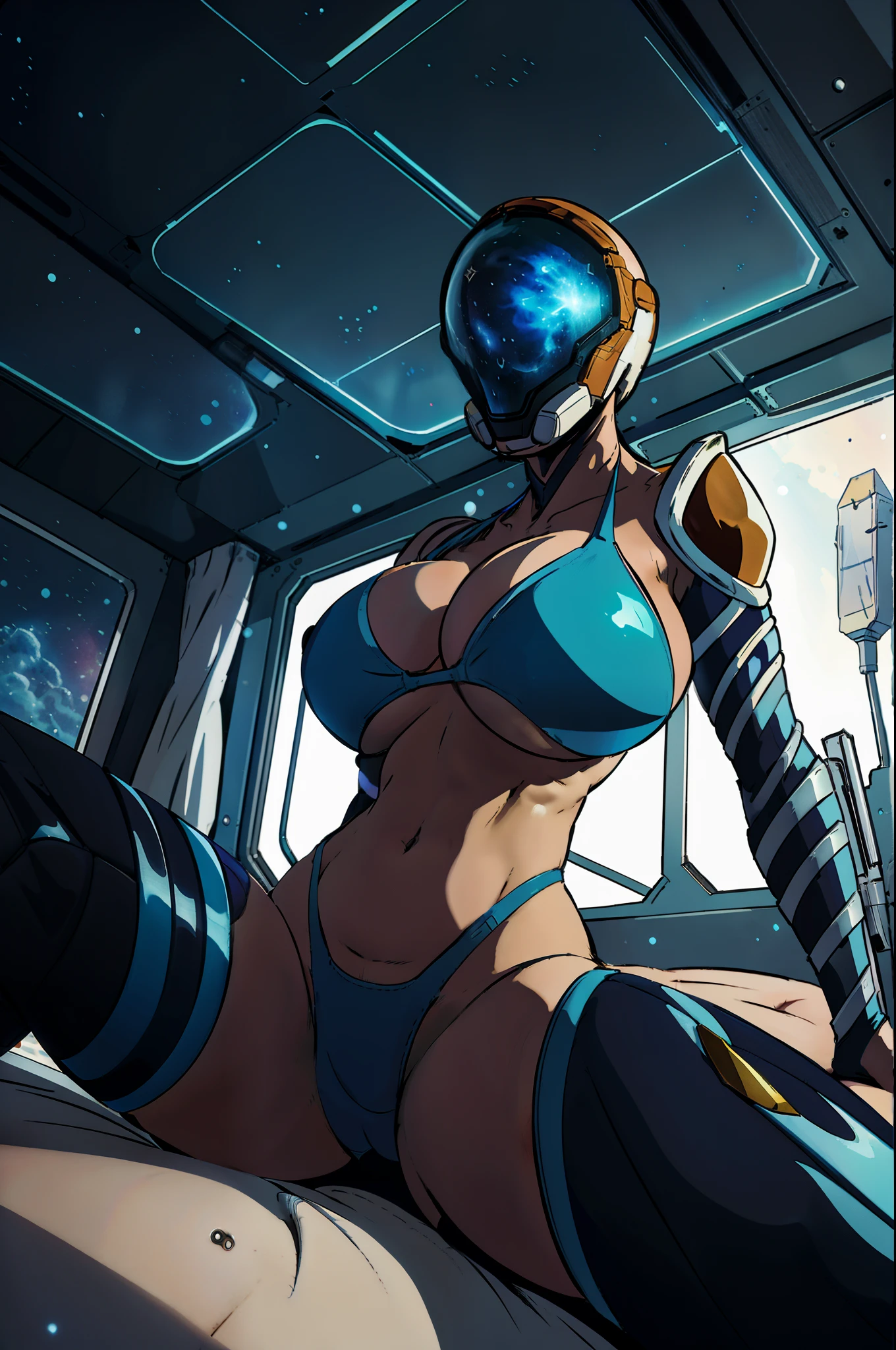 ((masterpiece)),best quality,1girl,mag,warframe,helmet,(gigantic breasts),wide hips,thick thighs,light particles,sitting,spread legs,arms behind back,spacecraft interior,bedroom,(science fiction),from below,((bikini armor))