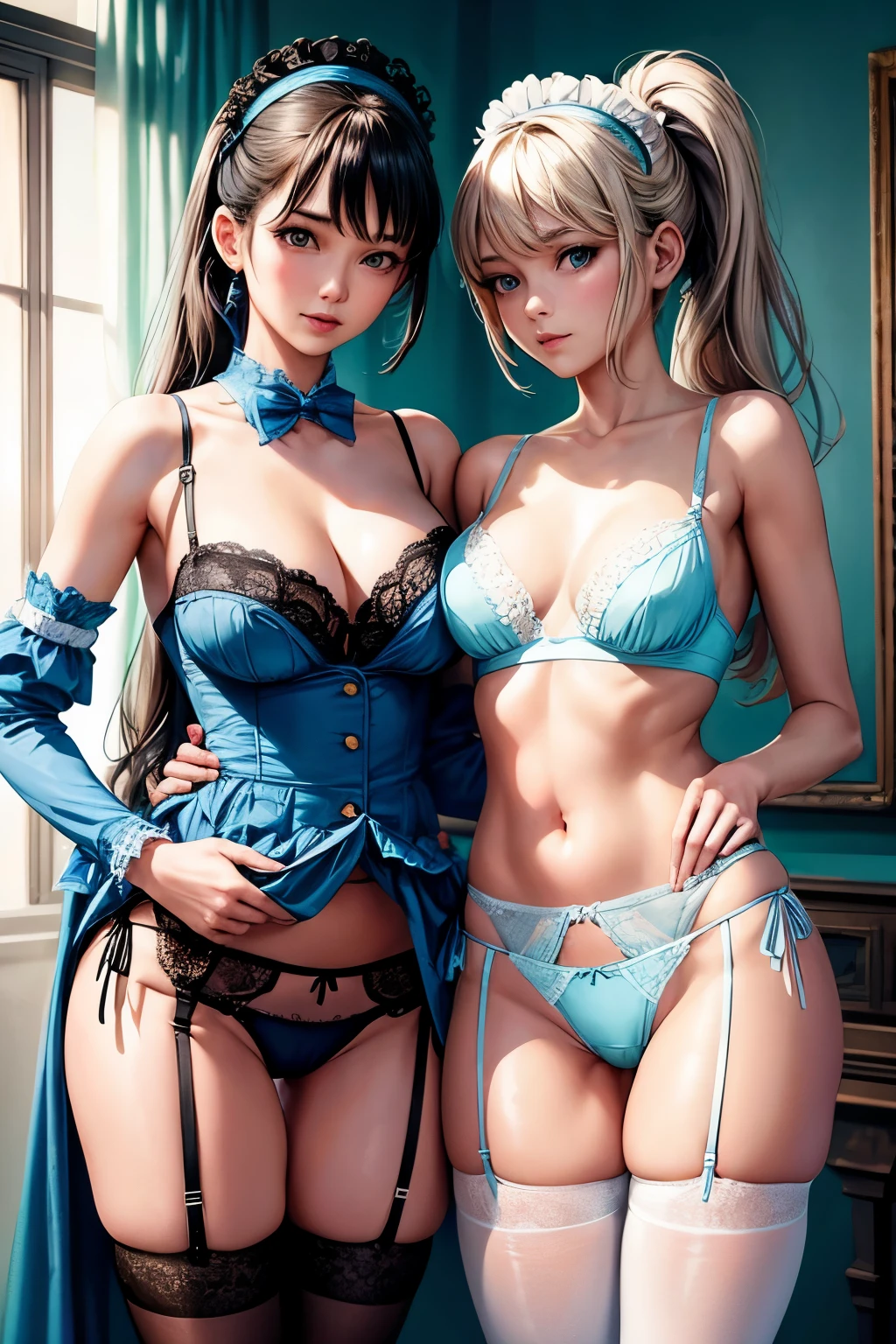 Two women wearing maid clothes are standing, Standing while showing off her light blue pantieultiple, women group, 2 people, high ponytail, slender body, large breasts,erection of nipple, panties, underwear, skirt, lacy light blue panties, side-tie panties, satin panties, sexy panties, lying, thighhighs, garter belt, skirt lift, show off panties, realistic