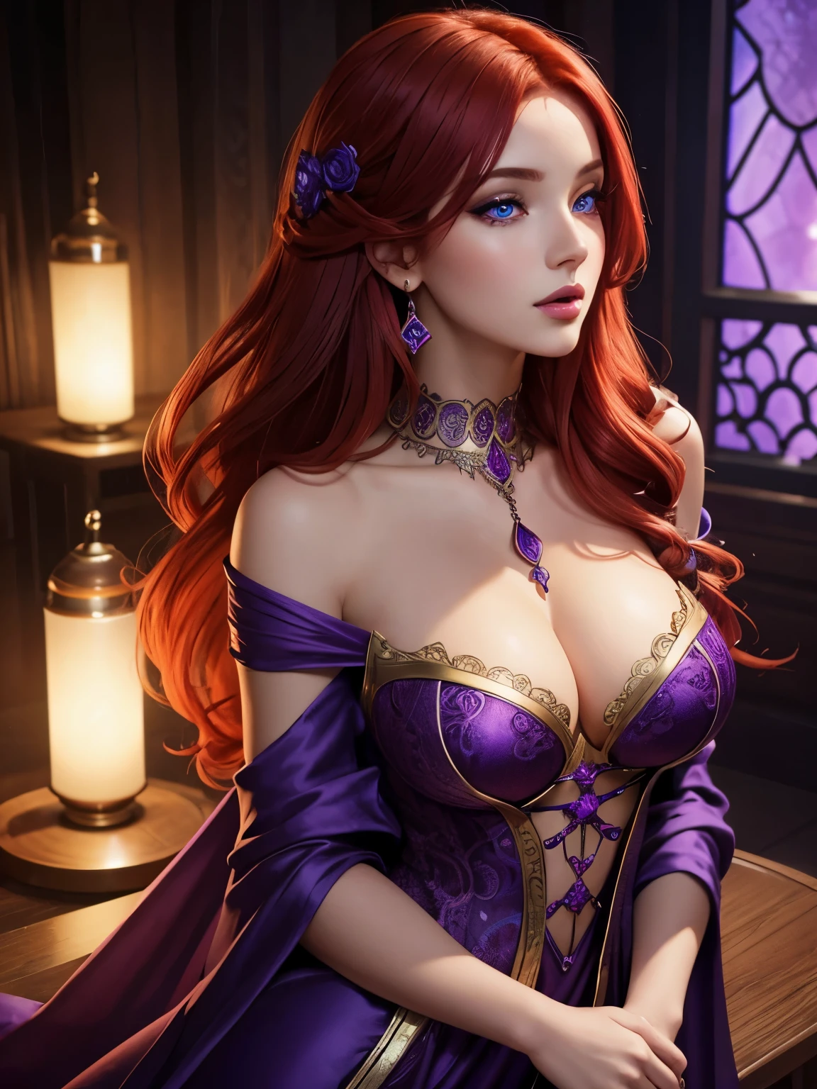Portrait, seductive harem girl with red hair, wearing a glowing purple dress, wanting a kiss, hourglass figure, symmetrical figure, highly detailed face, beautiful face, calming blue eyes, lush lips, alluring, stunning digital illustration