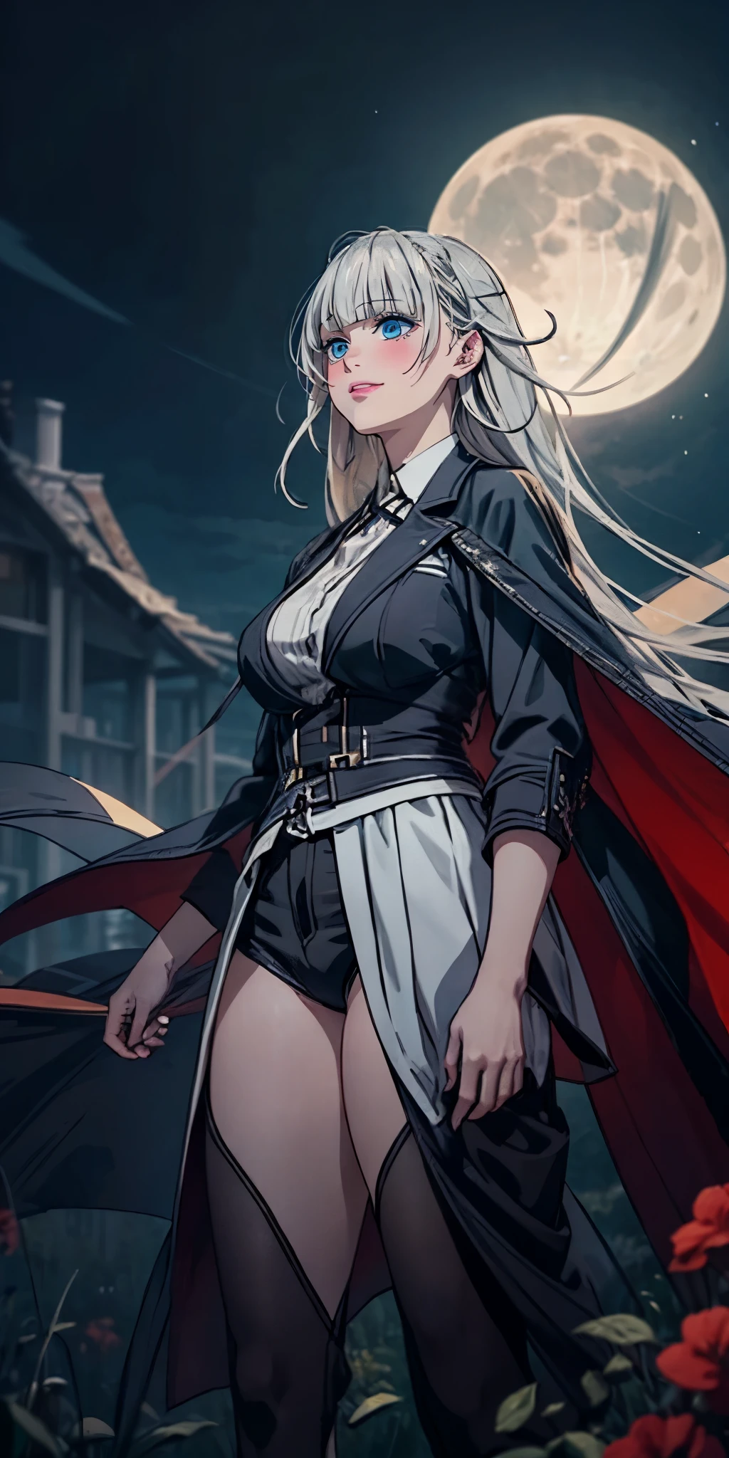 silver hair, long hair, huge breasts, curvy, (plump:1.2), A wide landscape photo, (viewed from below, the sky is above, and the open field is below), a girl standing on a flower field looking up, (full moon: 1.2), (meteor: 0.9), (nebula: 1.3), distant mountains , Trees BREAK Crafting Art, (Warm Light: 1.2), (Firefly: 1.2), Lights, Lots of Purple and Orange, Intricate Details, Volumetric Lighting BREAK (Masterpiece: 1.2), (Best Quality), 4k, Ultra Detailed, (Dynamic Composition: 1.4), Rich in Detail and Color, (Rainbow Color: 1.2), (Glow, Atmospheric Lighting), Dreamy, Magical, (Solo: 1.2), (shaded face:1.2), hollow eyes, blue eyes, looking at viewer, seductive smile, glowing eyes, "Photorealistic, Hyperrealistic, Hyperdetailed, analog style, soft lighting, subsurface scattering, realistic, heavy shadow, masterpiece, best quality, ultra realistic, 8k, golden ratio, Intricate, High Detail, film photography, soft focus"
