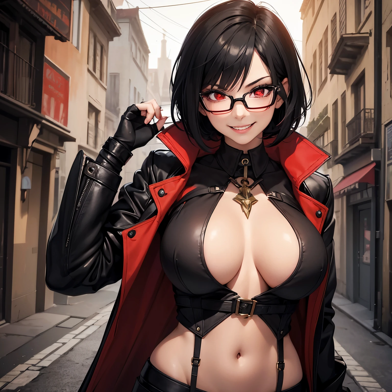 Young Female, Vampire, Black Hair, Short Hair, Red Eyes, Glasses, high-res portrait, Vibrant Colors, Trench Coat, Open Breast Tea, Smiling, Mischievous, Gauntlets, Confident Expression, 3D, Realistic, HDR, Very Detailed, HD, Background, Masterpiece