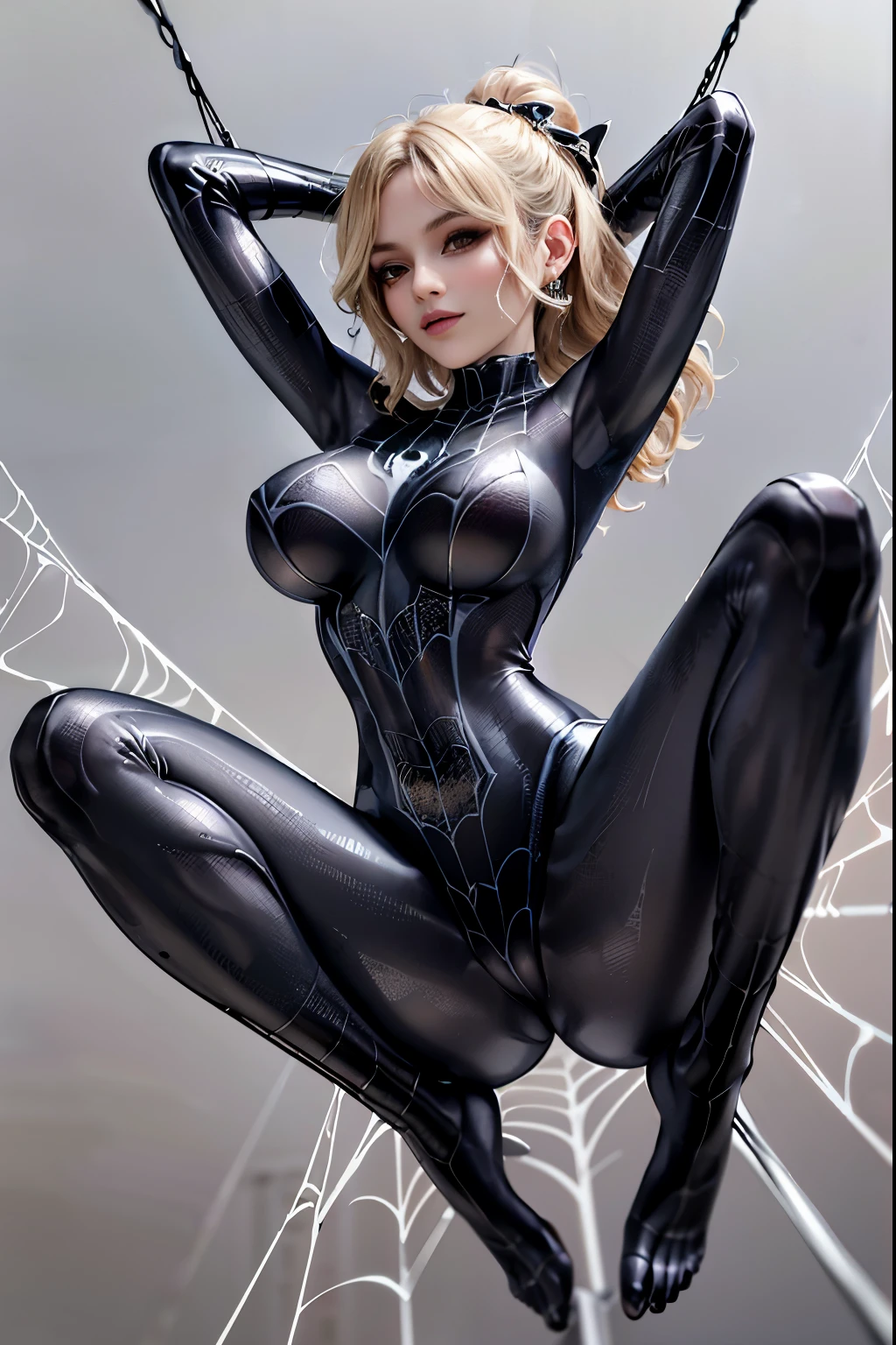 Obra-prima, 8k, realista, good ilumination, terno preto do homem aranha venom com aranha branca no peito, loira))), cabelo comprido, sem corte, rosto bonito, chuva, telhado, obra-prima, detalhes trincados, anatomia perfeita, (((Swinging in the web)))(camel-toe, Vulvar shape:1.2),Full body tights