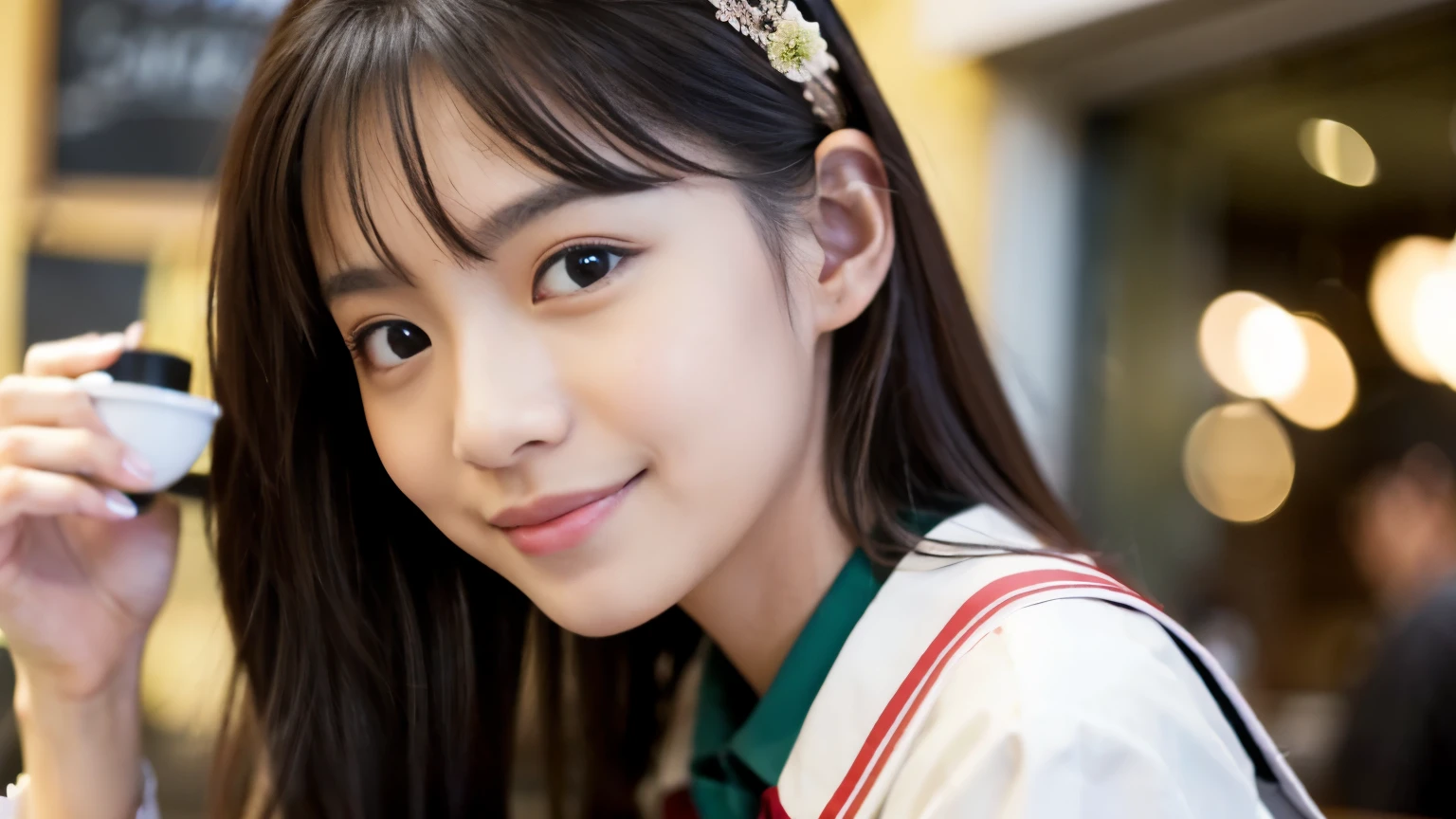((最high quality, 8k, masterpiece: 1.3)), perfect face,Inside a stylish cafe in New York、Draws a scene where a beautiful woman like a model is drinking a latte.,everything around you, I see other customers enjoying themselves.。At the back of the cafe、Staff are busy working at the counter.、You can feel the vibrancy and stylish luxury of a city cafe.., sharp focus, 1 girl, sexy 1.2, , (big: 1.5), fine eyes, Beautiful eyes with slit length, double eyelid, (cat face), (cute Face), cute Smile, (close your mouth), (cute), soft skin, show the whole body, surreal, Super detailed, high quality, (A beautiful college girl who is kind and considerate.), ((Detailed very cute college girl)), ((The season is spring)),Gaze at your boyfriend