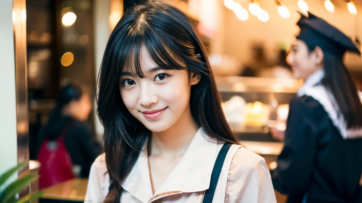 ((最high quality, 8k, masterpiece: 1.3)), perfect face,Inside a stylish cafe in New York、Draws a scene where a beautiful woman like a model is drinking a latte.,everything around you, I see other customers enjoying themselves.。At the back of the cafe、Staff are busy working at the counter.、You can feel the vibrancy and stylish luxury of a city cafe.., sharp focus, 1 girl, sexy 1.2, , (big: 1.5), fine eyes, Beautiful eyes with slit length, double eyelid, (cat face), (cute Face), cute Smile, (close your mouth), (cute), soft skin, show the whole body, surreal, Super detailed, high quality, (A beautiful college girl who is kind and considerate.), ((Detailed very cute college girl)), ((The season is spring)),Gaze at your boyfriend
