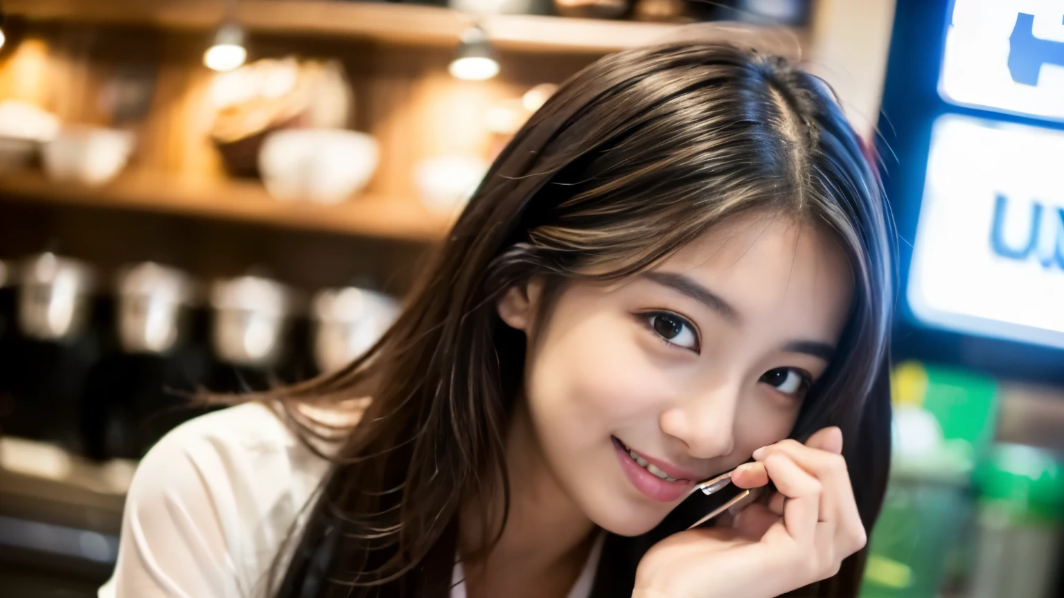 ((最high quality, 8k, masterpiece: 1.3)), perfect face,Inside a stylish cafe in New York、Draws a scene where a beautiful woman like a model is drinking a latte.,everything around you, I see other customers enjoying themselves.。At the back of the cafe、Staff are busy working at the counter.、You can feel the vibrancy and stylish luxury of a city cafe.., sharp focus, 1 girl, sexy 1.2, , (big: 1.5), fine eyes, Beautiful eyes with slit length, double eyelid, (cat face), (cute Face), cute Smile, (close your mouth), (cute), soft skin, show the whole body, surreal, Super detailed, high quality, (A beautiful college girl who is kind and considerate.), ((Detailed very cute college girl)), ((The season is spring)),Gaze at your boyfriend