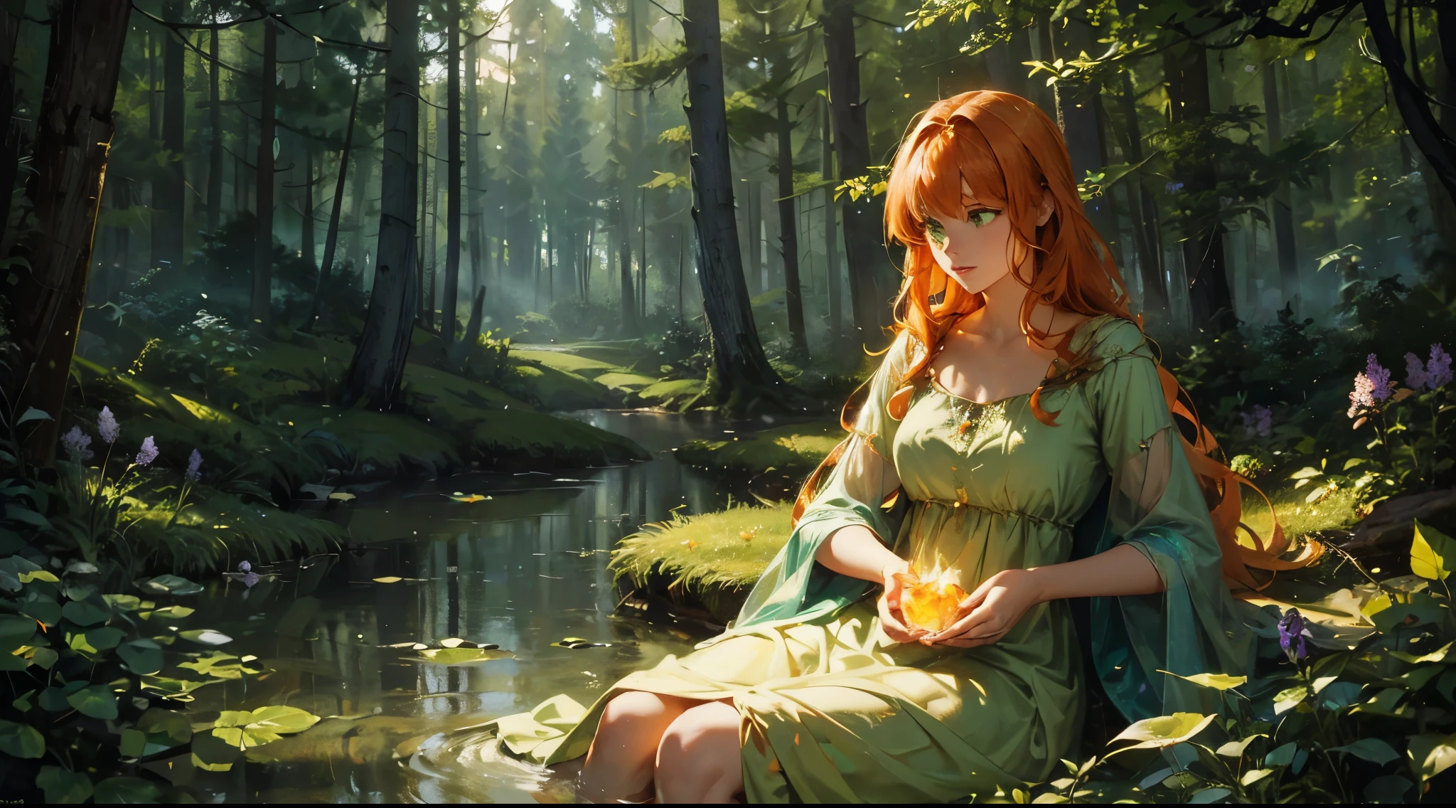 Create a mesmerizing digital painting depicting the serene beauty of an enchanted forest scene. In the center of the scene, portray a young beautiful woman sitting on a wood, with flowing orange hair, beard, ((green eye)), wearing a cool crystal dress. Capture her graceful presence as she interacts with the natural elements around her, infusing the forest with an aura of tranquility and magic.