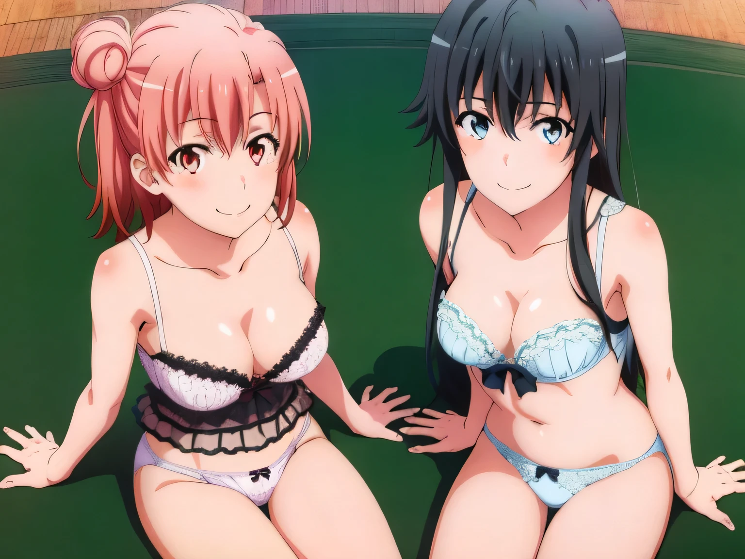 ((2 girls:1.0)), (Yuigahama Yui shapely breasts),(Yukinoshita Yukino),pin up,pink ruffle underwear,white lace underwear,(beautiful string panties),thighs ,gymnastics sitting,front,looking at camera,(high angle),smile,Panoramic view of the head,beautiful eyes