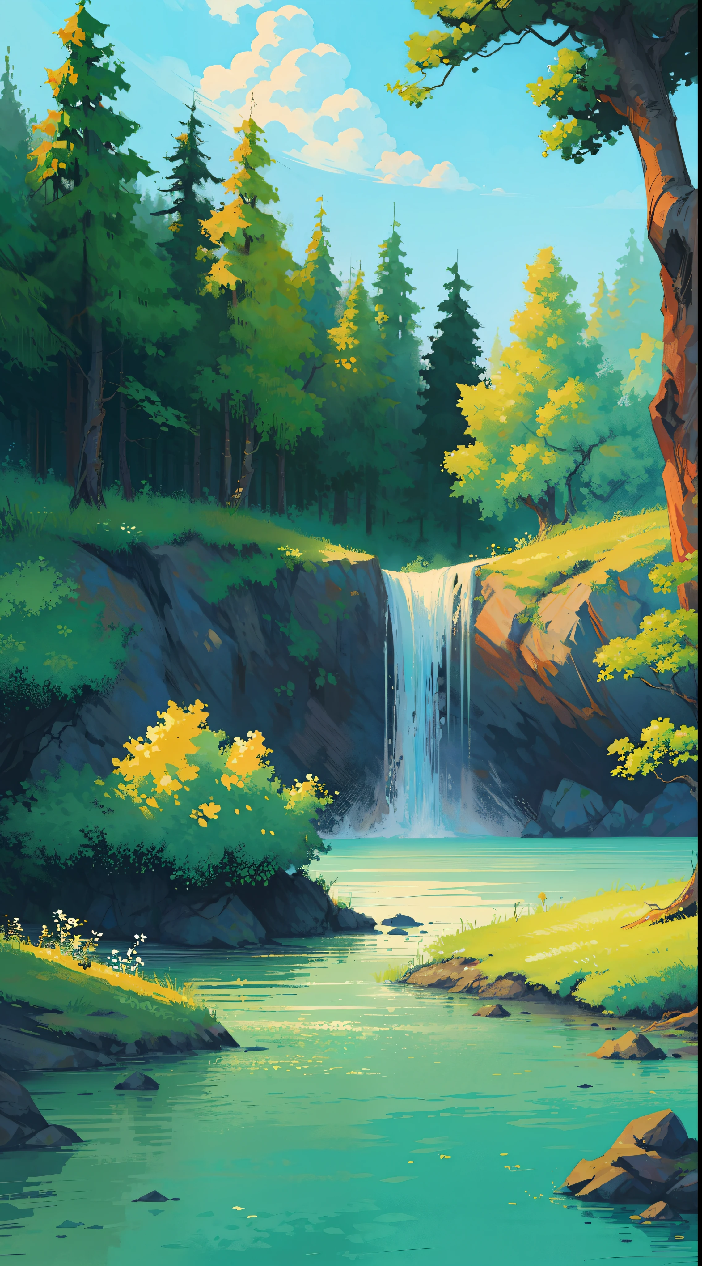 magnificent waterfall in ancient forest, centuries old trees around waterfall, , lush greenery, different hues of greens, clear water lagoon, dramatic misty sky, beautiful background, tree branches in foreground