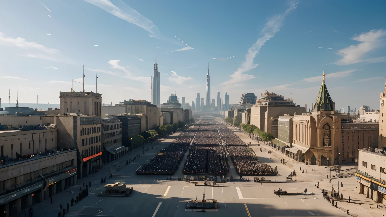 Impressive military parade of soldiers and equipment, imperial galactic capital, a lot of people, flags and standards of famous divisions, warhammer style, there are many fighters in the sky, top view from the emperor's balcony, giant building spiers in the background, epic galactic buildings abutting Coruscant space, zoom out view, in the field of view there are even rows of soldiers with banners, Cheering crowd, scale and epicness, impressive scope, military parade on red square, zoom out the picture, dozens of schiltron infantry in sight, in the background of the city there are huge skyscrapers of Coruscant, huge towers and domes, impressive galactic architecture