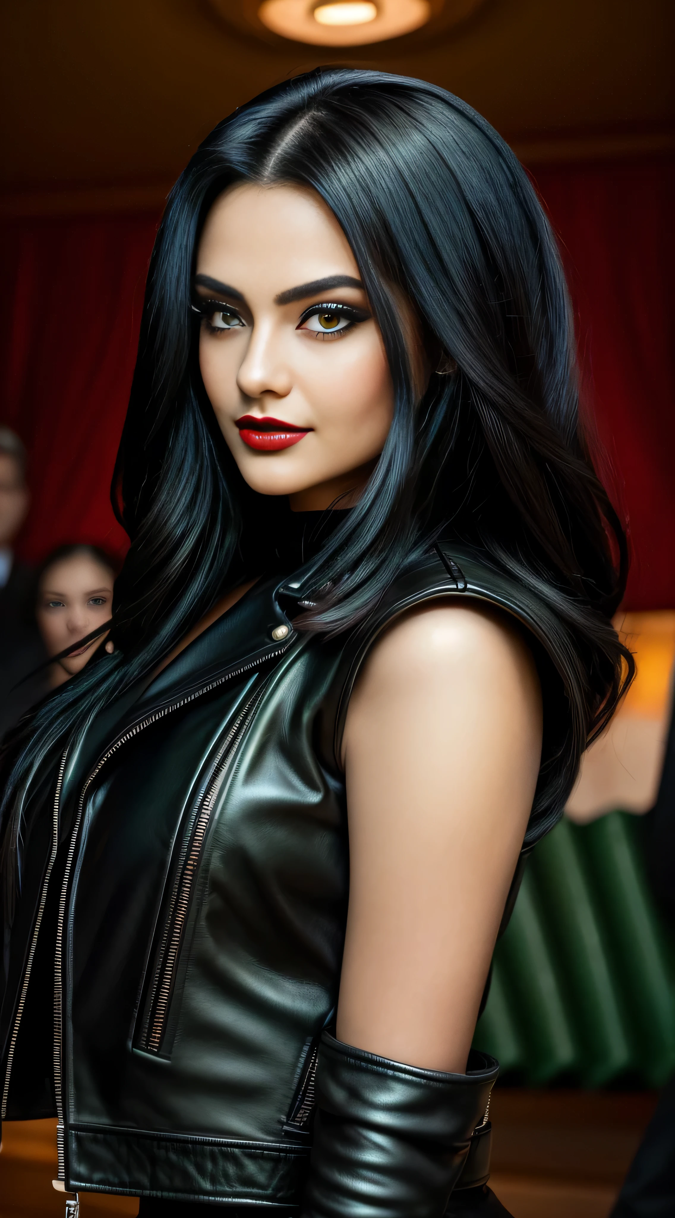 (best quality)), ((masterpiece)), (detailed), perfect face, Envision an art drawing of a female with dark black hair styled in a open free manner, her eyes adorned with smoky eyeshadow and dramatic eyeliner, in a green mini leather jacket covering her breasts, seductive smile, her curves, huge breasts, slim waist, curvy figure, proportionate hips, huge breasts. Use a dimly light setting to enhance her mysterious charm. red lips, on road with traffic, perfect hands, perfect fingers