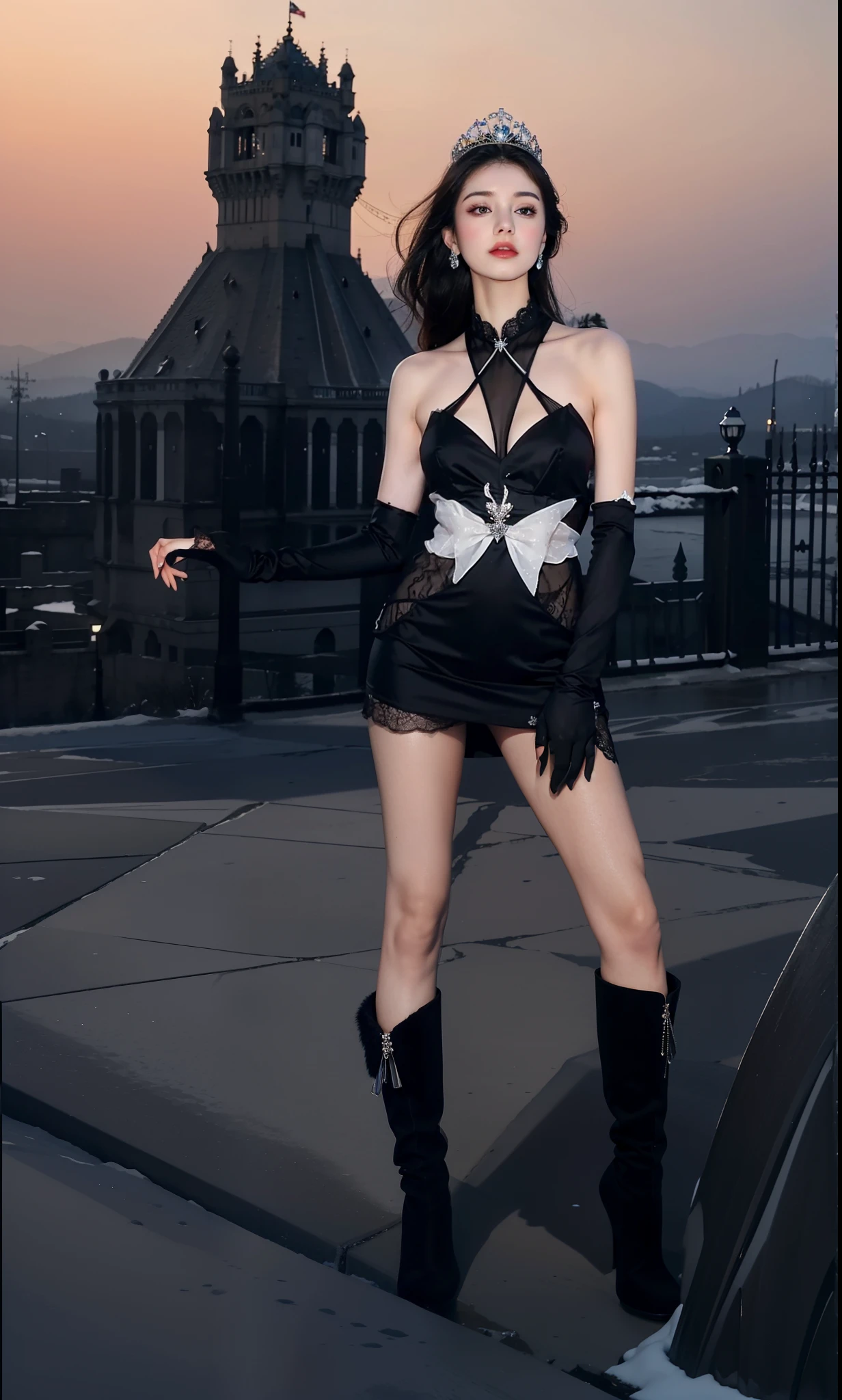 Royal sister，exquisite eyes，Detailed facial expressions body，tall figure，Leg length，4k，HD，translucent lace，Fair and plump figure，pretty face，Little cherry mouth，beautiful and delicious（3D royal sister），exquisite dress，Wear crystal jewelry，Gorgeous crystal gems，Gem and jewelry crown，The color of the picture is very bright，Gorgeous ice and snow princess，five fingers，Very gorgeous and noble dress，Photo quality，High-end aesthetics，put on white gloves，Gorgeous high heel boots，Fingers are normal，Fingers straightened