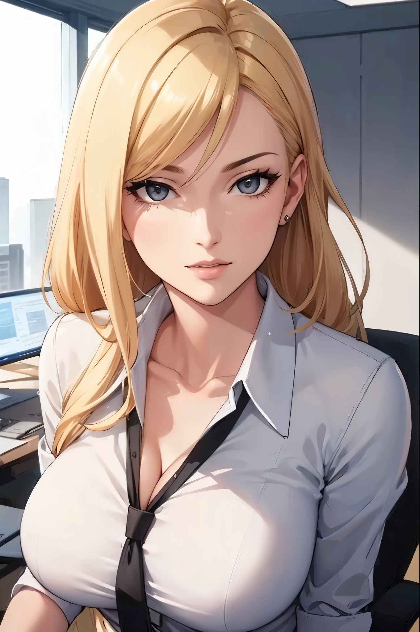 (best quality, highres), portrait, elegant mature woman, brown eyes, long hair, swept-side bang, [[brown hair]], (blonde hair), ultra detailed cg 8k, beautiful, high resolution 8k